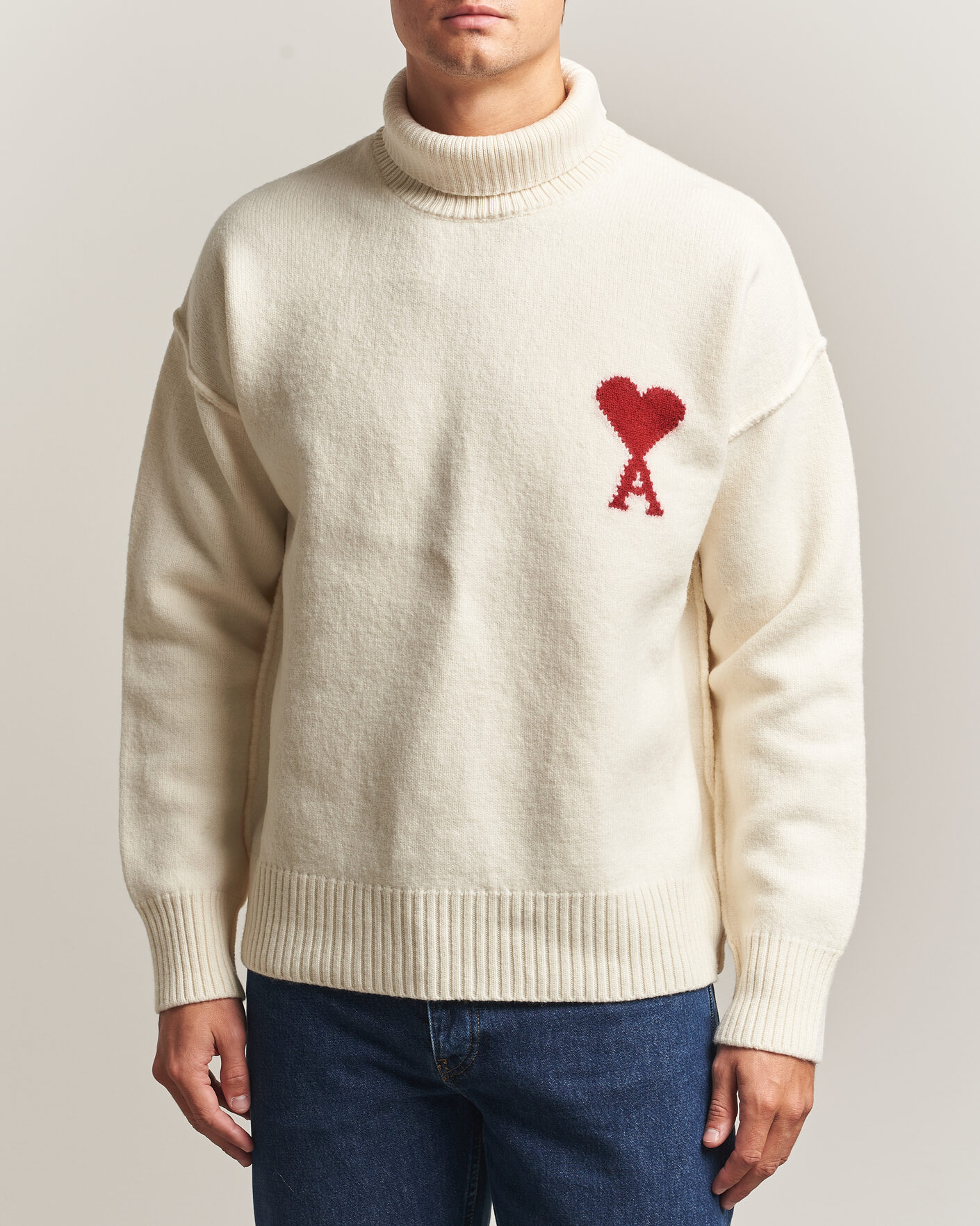 Men | Sweaters & Knitwear | AMI | Big Heart Logo Wool Knitted Polo Ecru