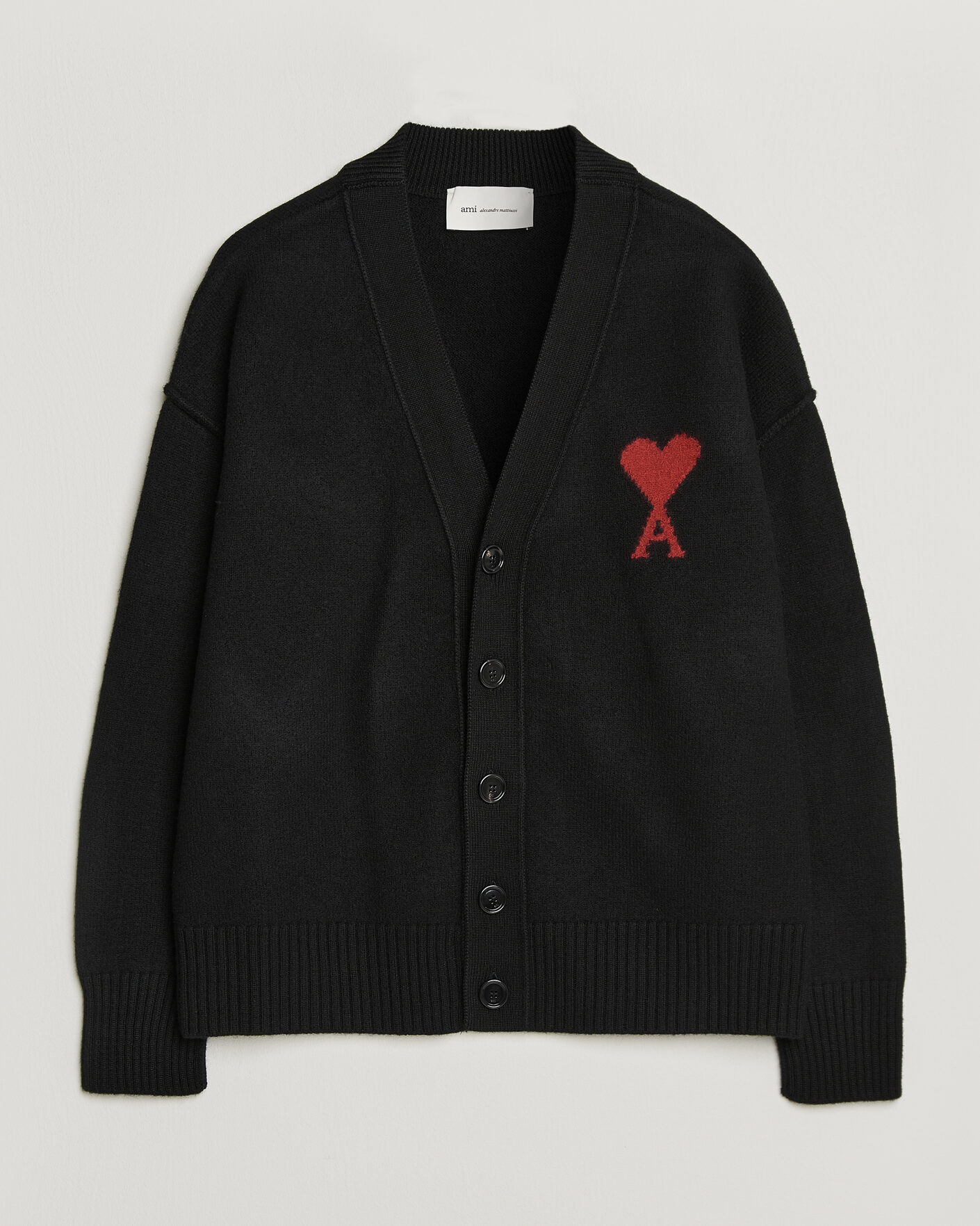 Men | Sweaters & Knitwear | AMI | Big Heart Logo Wool Knitted Cardigan Black