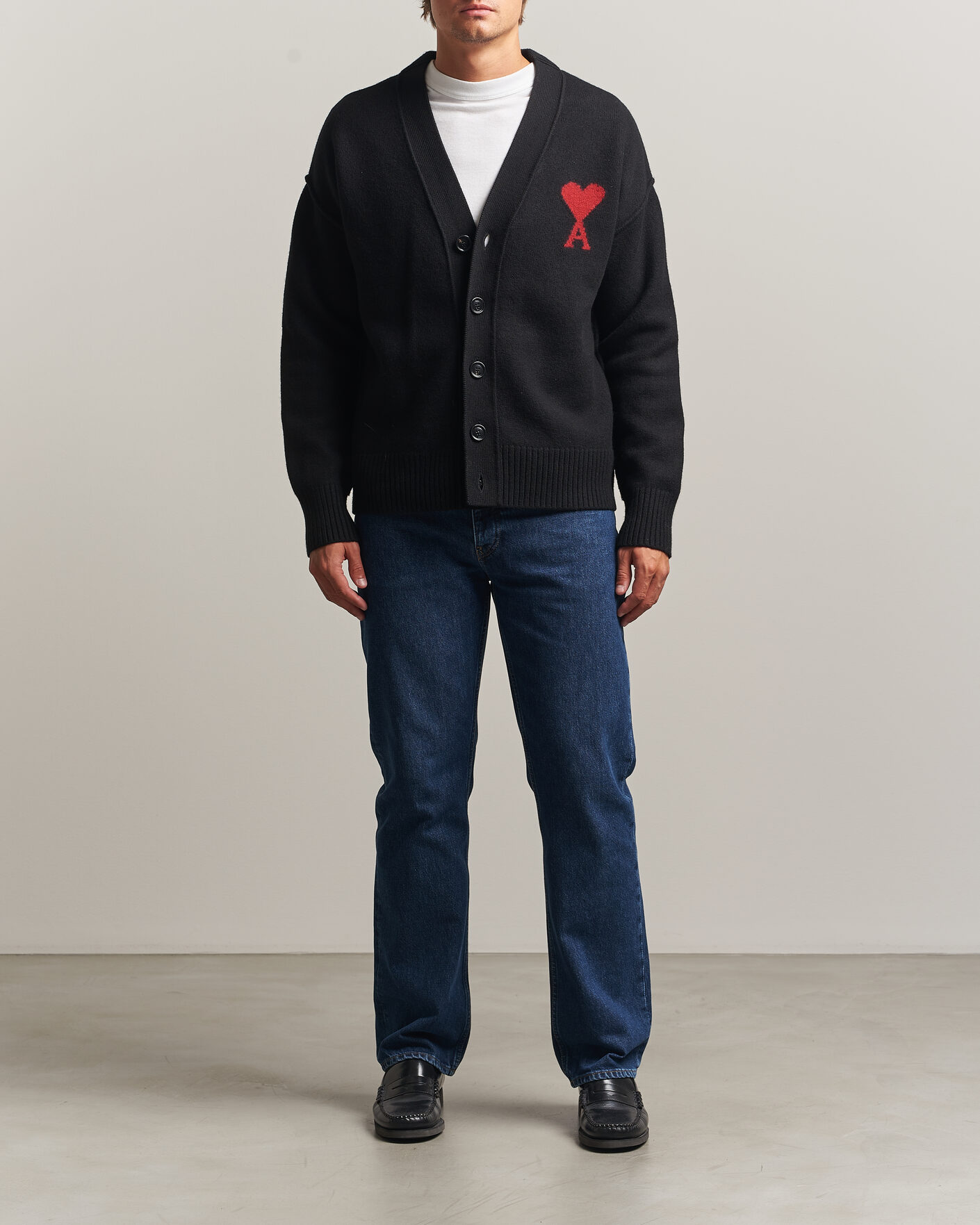 Men | Sweaters & Knitwear | AMI | Big Heart Logo Wool Knitted Cardigan Black