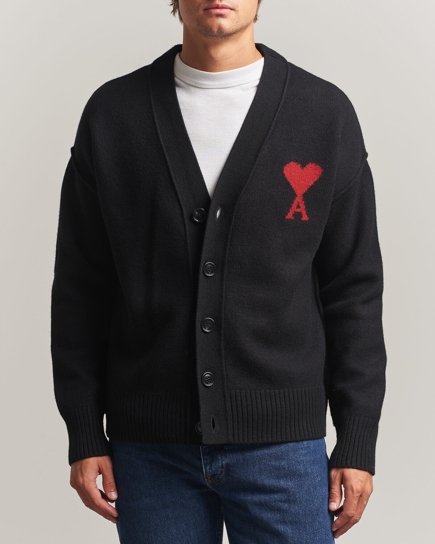 Men | Sweaters & Knitwear | AMI | Big Heart Logo Wool Knitted Cardigan Black