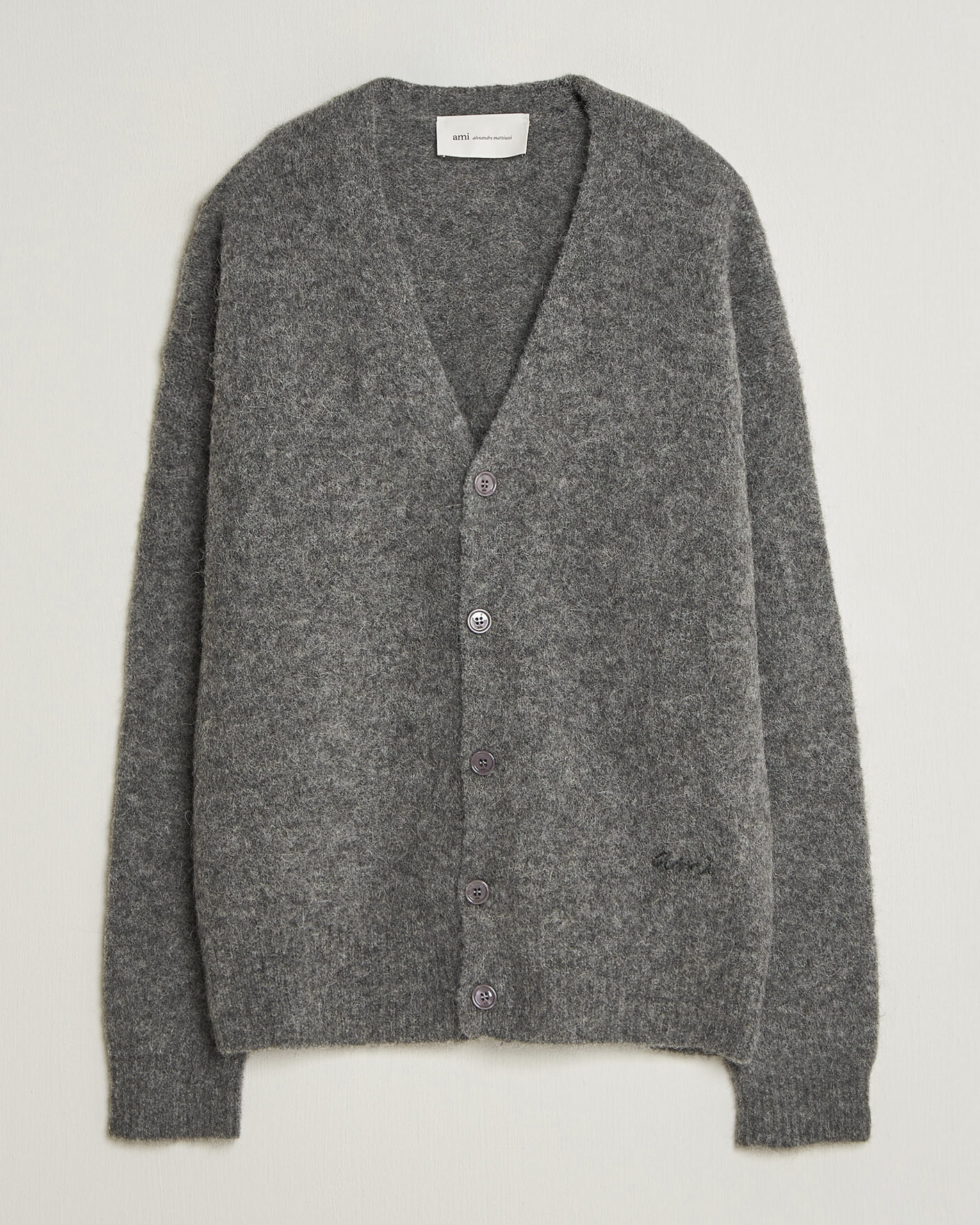 Men | Sweaters & Knitwear | AMI | Signature Logo Wool Knitted Cardigan Grey Melange