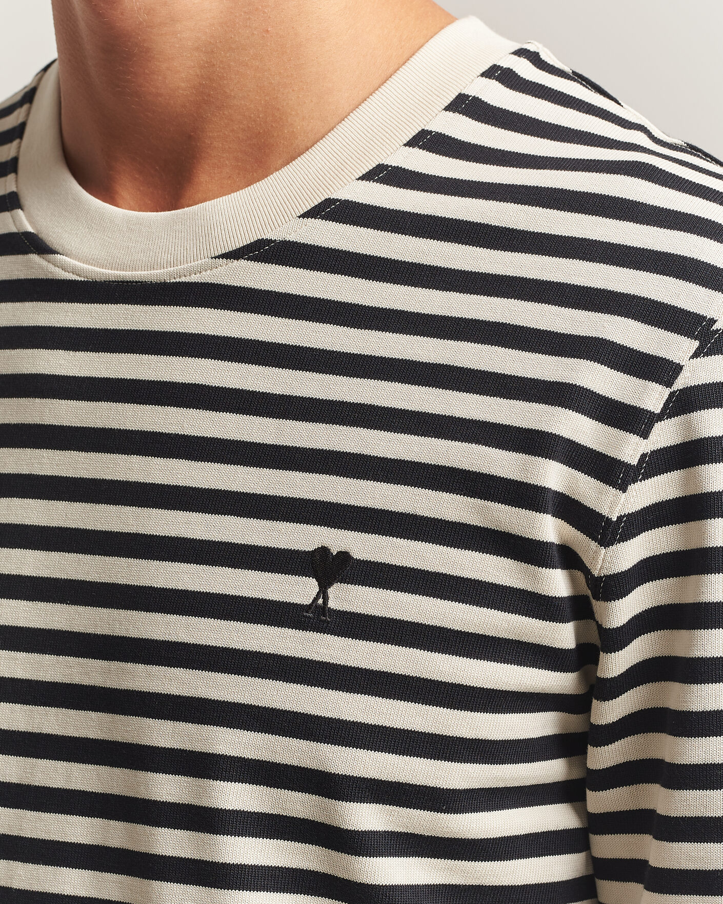 Men | T-Shirts | AMI | Black Heart Logo Striped Long Sleeve T-Shirt Black/Ivory