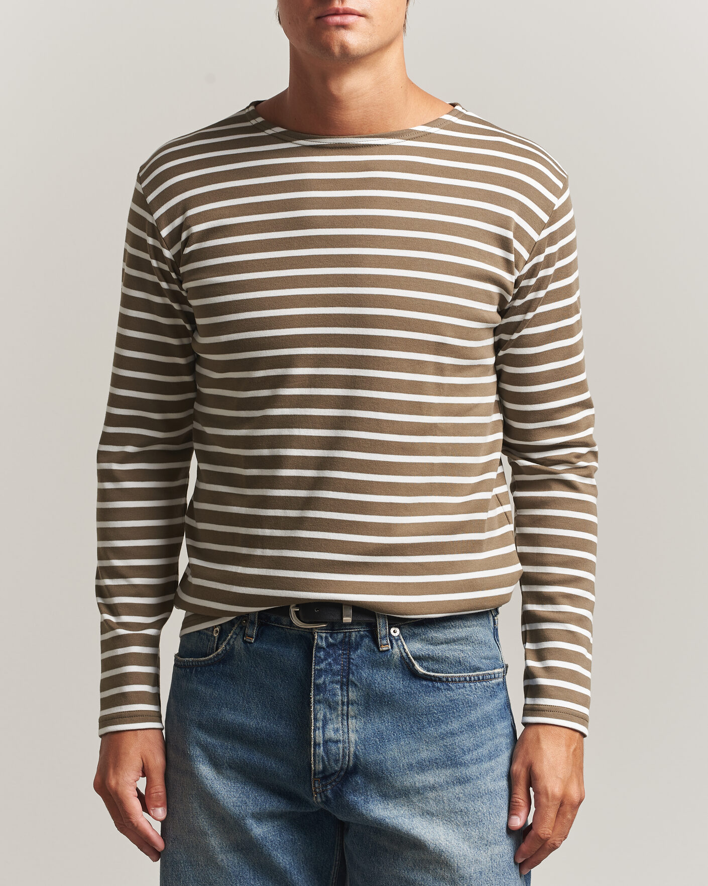 Men | T-Shirts | Armor-lux | Houat Héritage Stripe Long Sleeve T-Shirt Olive/Milk