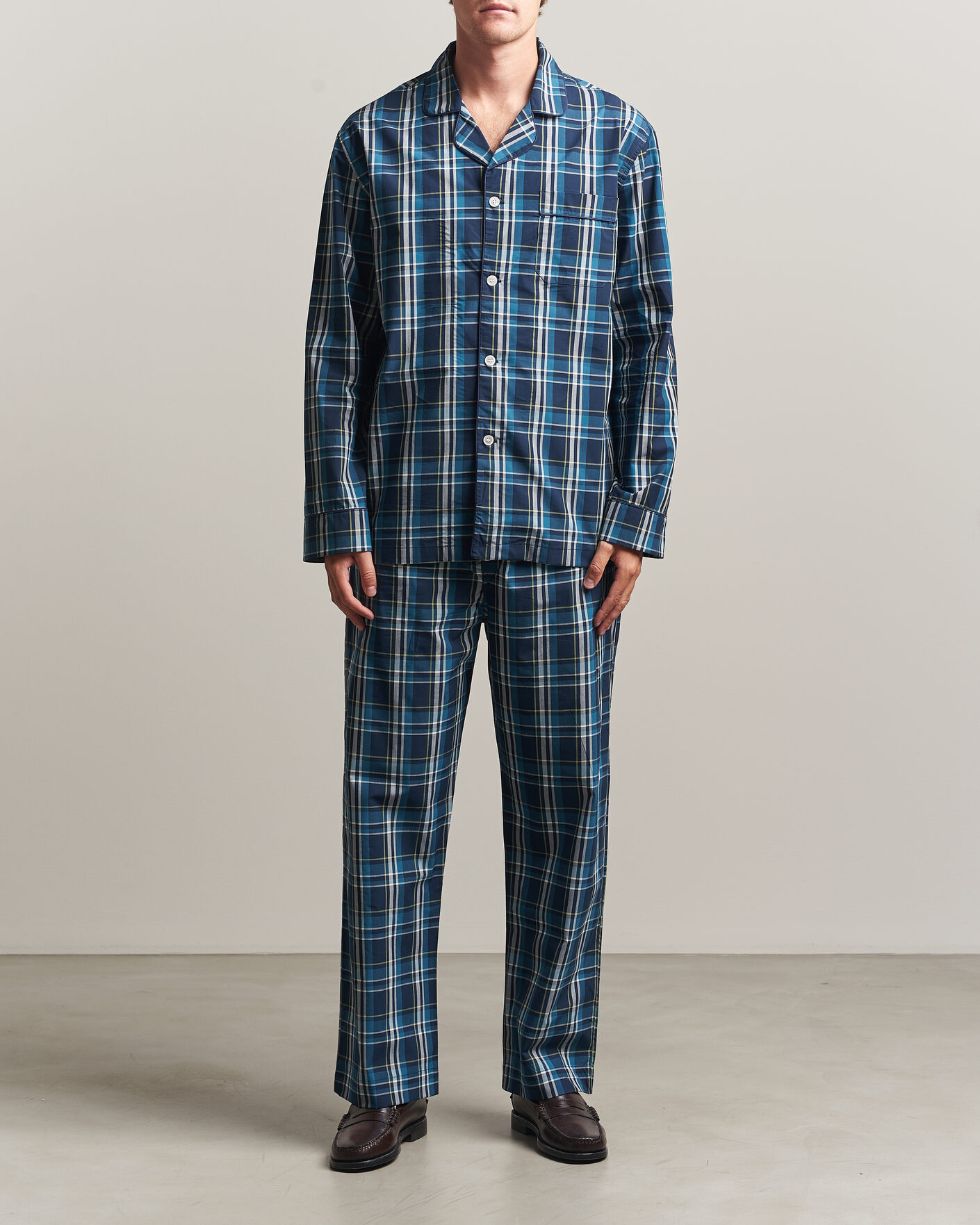 Men | Pyjamas & Robes | Derek Rose | Piped Checked Cotton Pyjama Set Navy