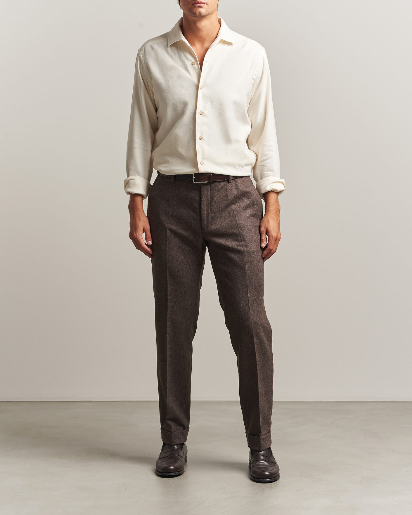 Men | Shirts | Eton | Casual Fit One Piece Collar Flannel Shirt Off White