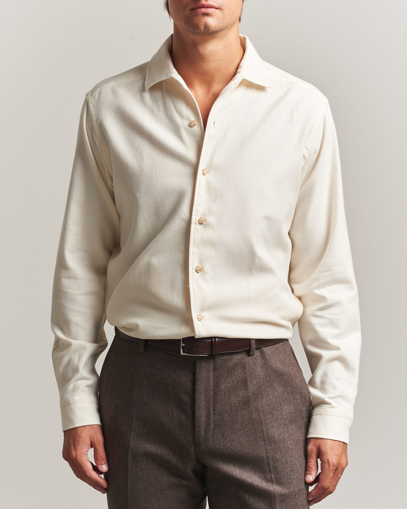Men | Shirts | Eton | Casual Fit One Piece Collar Flannel Shirt Off White