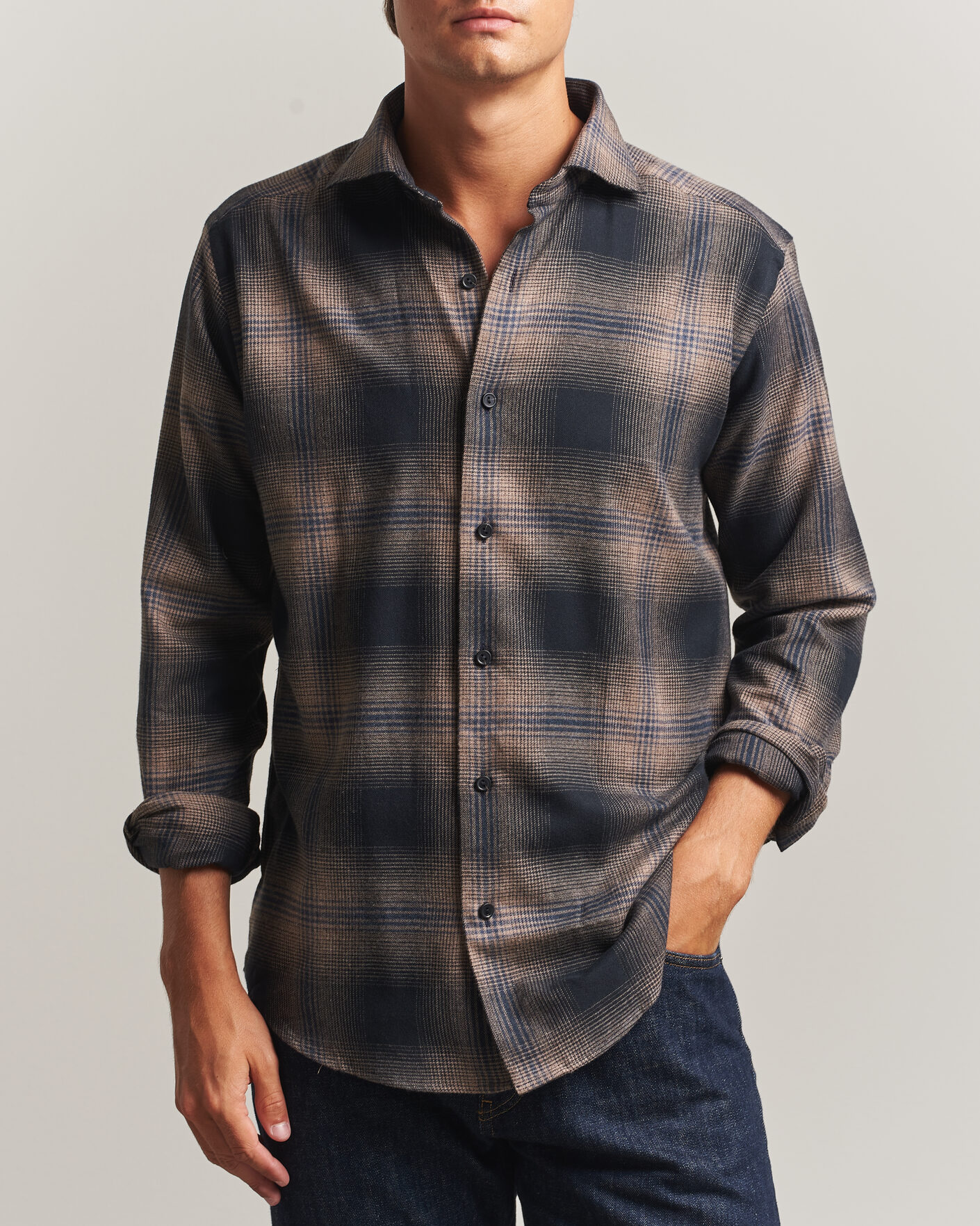 Men | Shirts | Eton | Casual Fit Checked Flannel Shirt Navy Blue