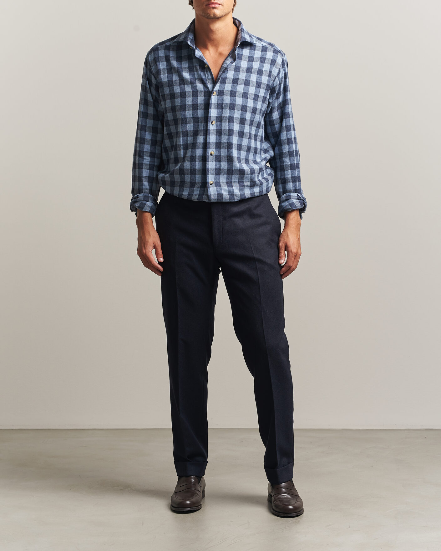 Men | Shirts | Eton | Casual Fit Checked Flannel Shirt Mid Blue