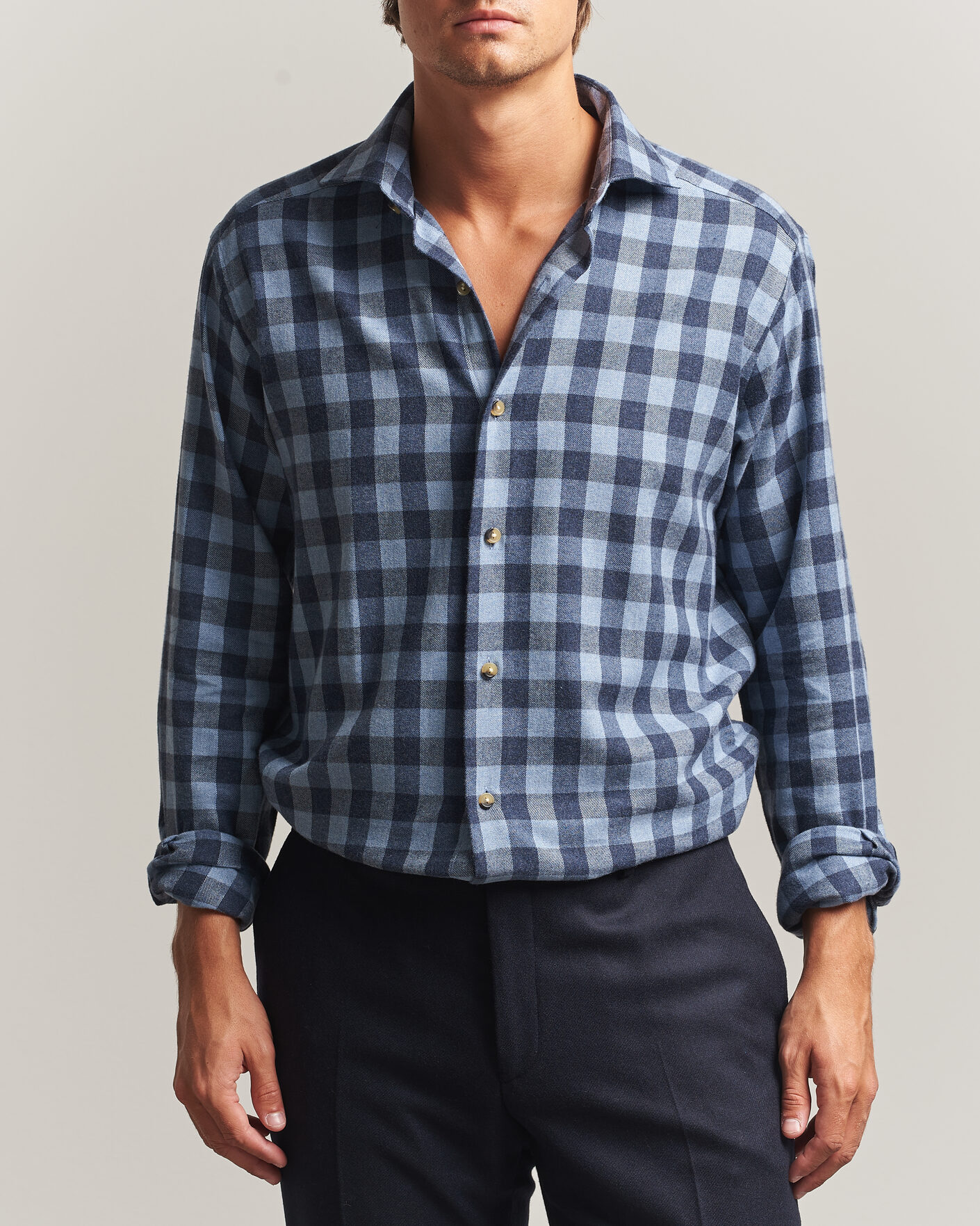 Men | Shirts | Eton | Casual Fit Checked Flannel Shirt Mid Blue