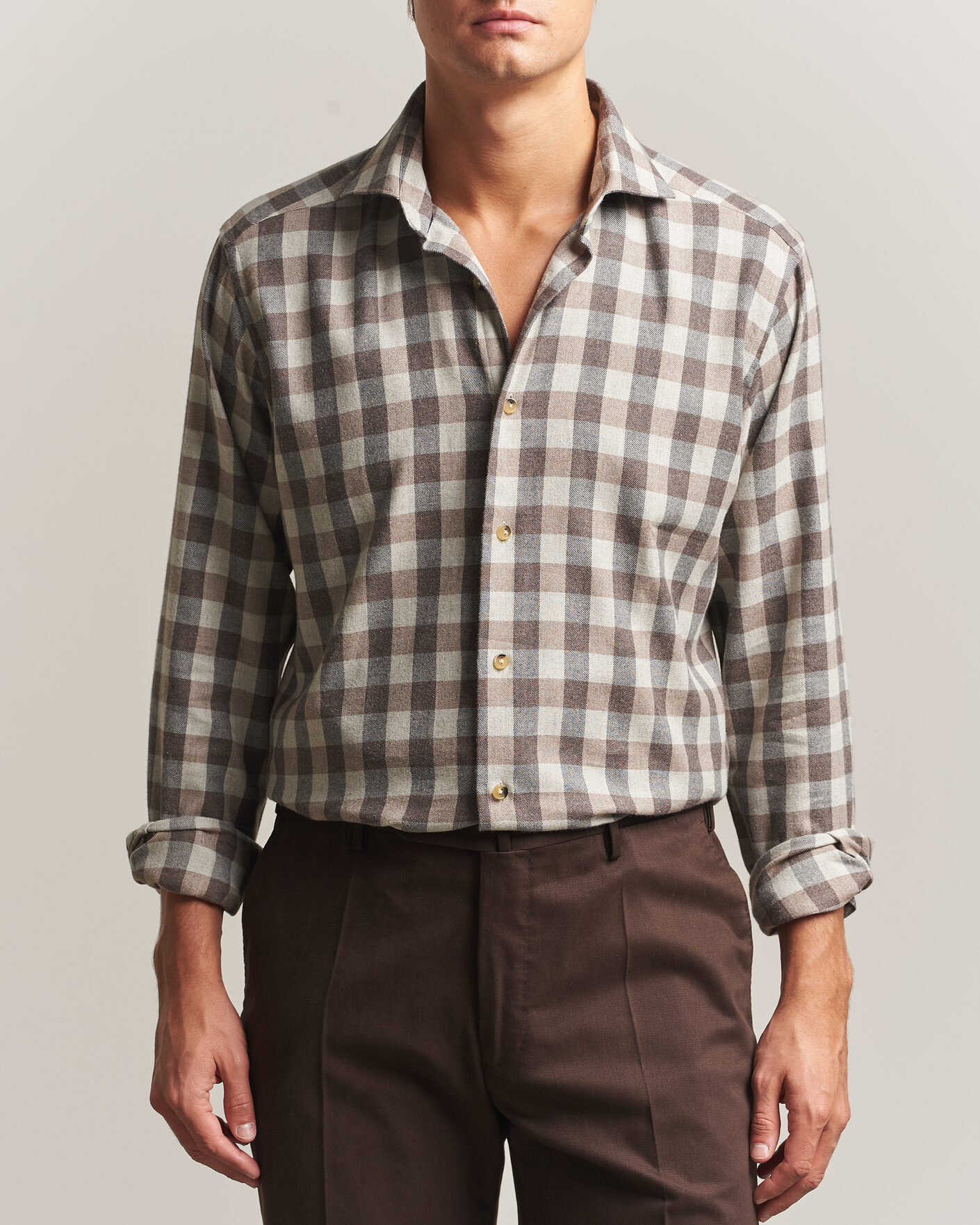 Men | Shirts | Eton | Casual Fit Checked Flannel Shirt Beige