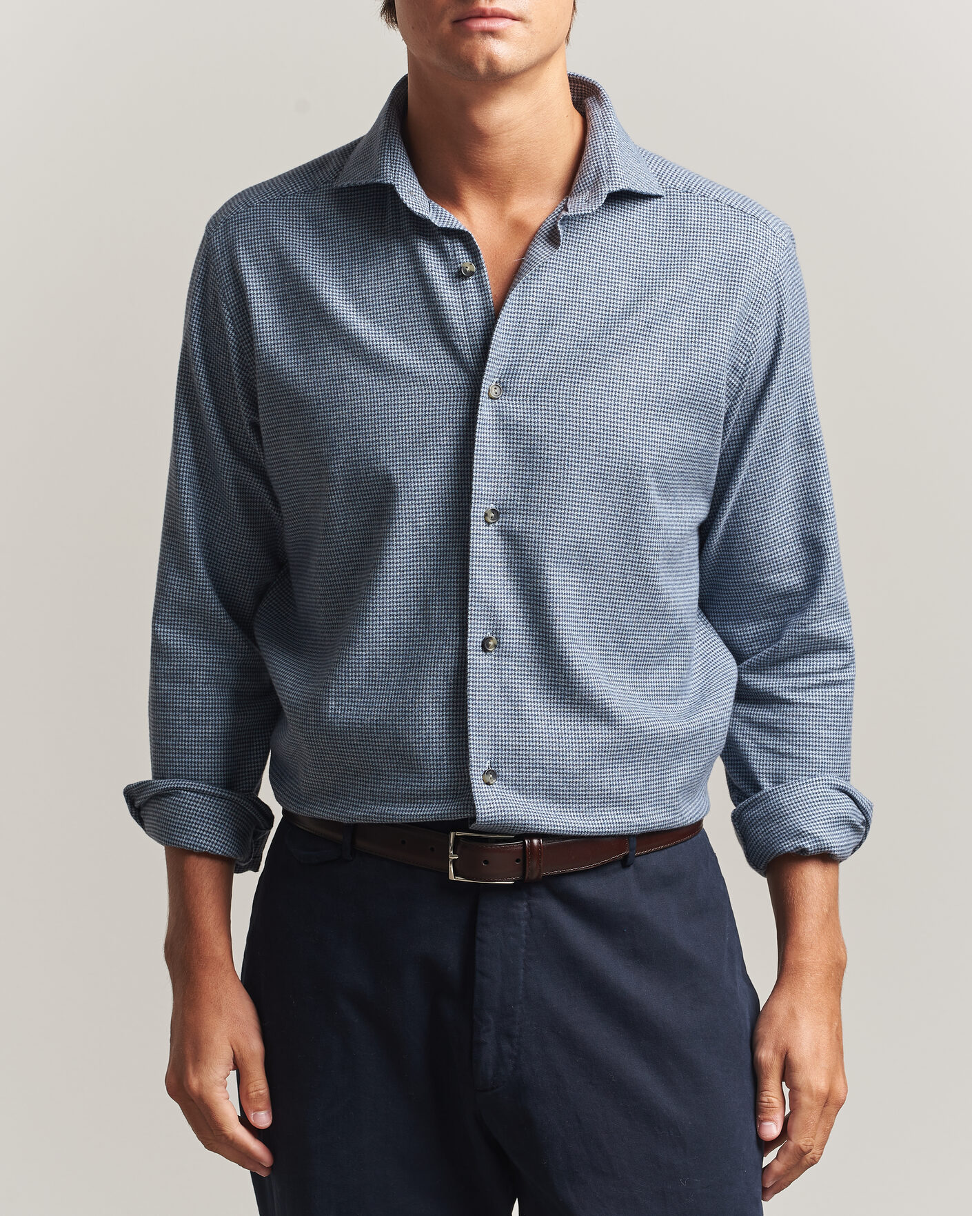 Men | Shirts | Eton | Casual Fit Houndstooth Flannel Shirt Mid Blue