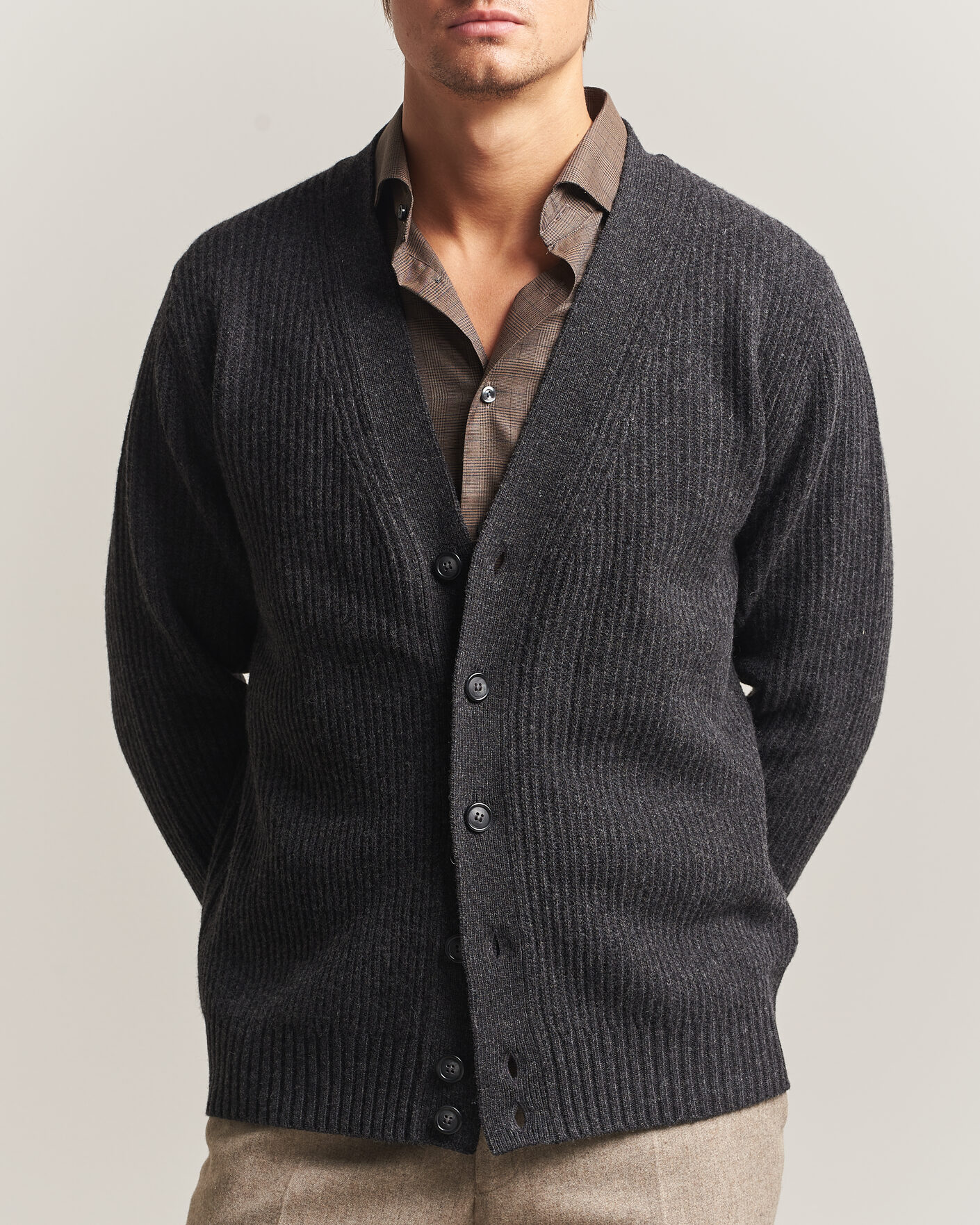 Men | Sweaters & Knitwear | Eton | Merino Wool Rib Cardigan Dark Grey