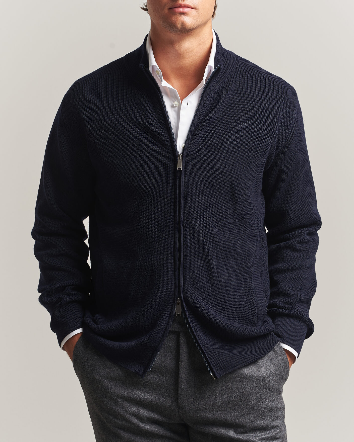 Men | Sweaters & Knitwear | Eton | Merino Wool Knitted Full Zip Navy Blue