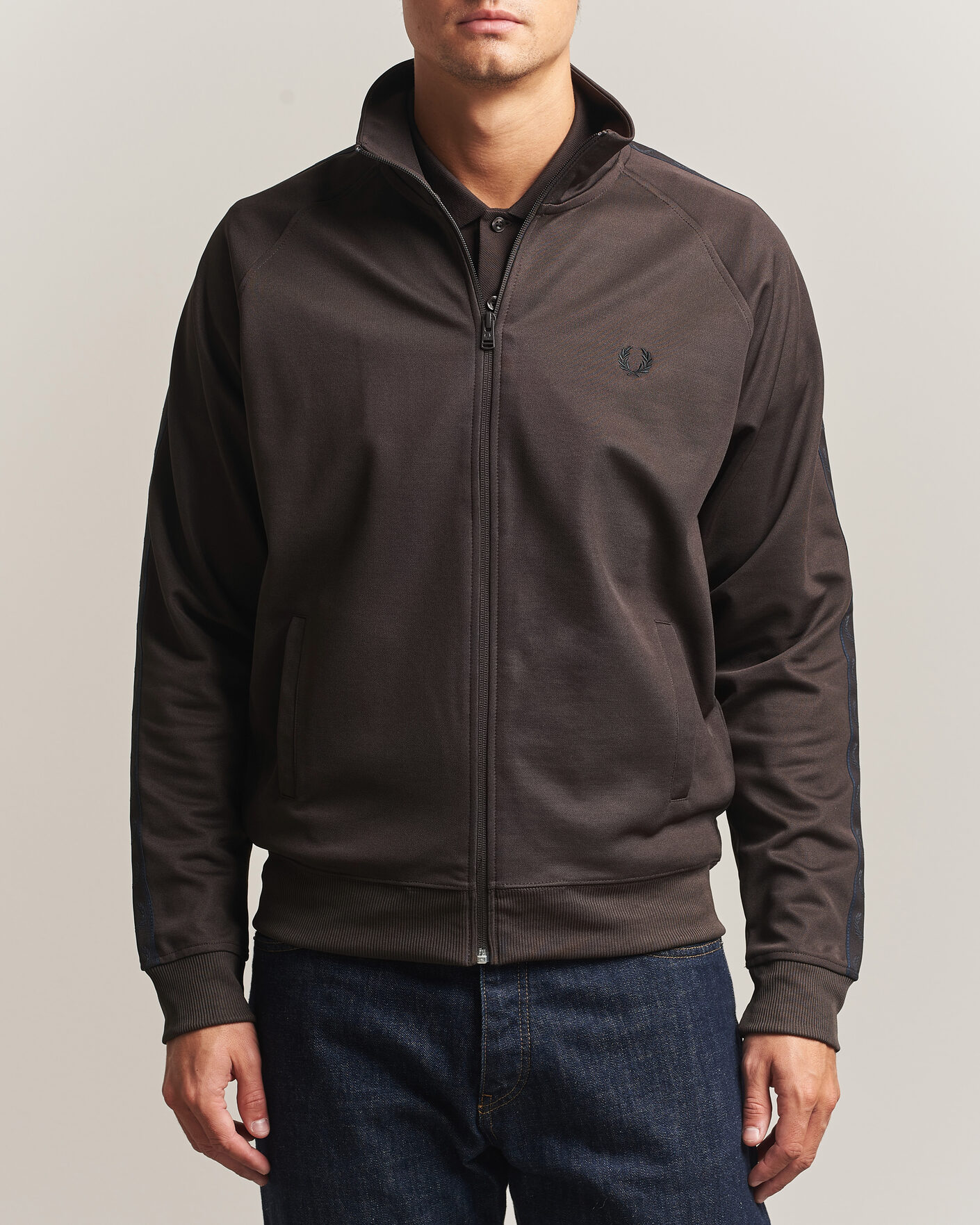 Men | Sweaters & Knitwear | Fred Perry | Taped Track Jacket Rich Brown