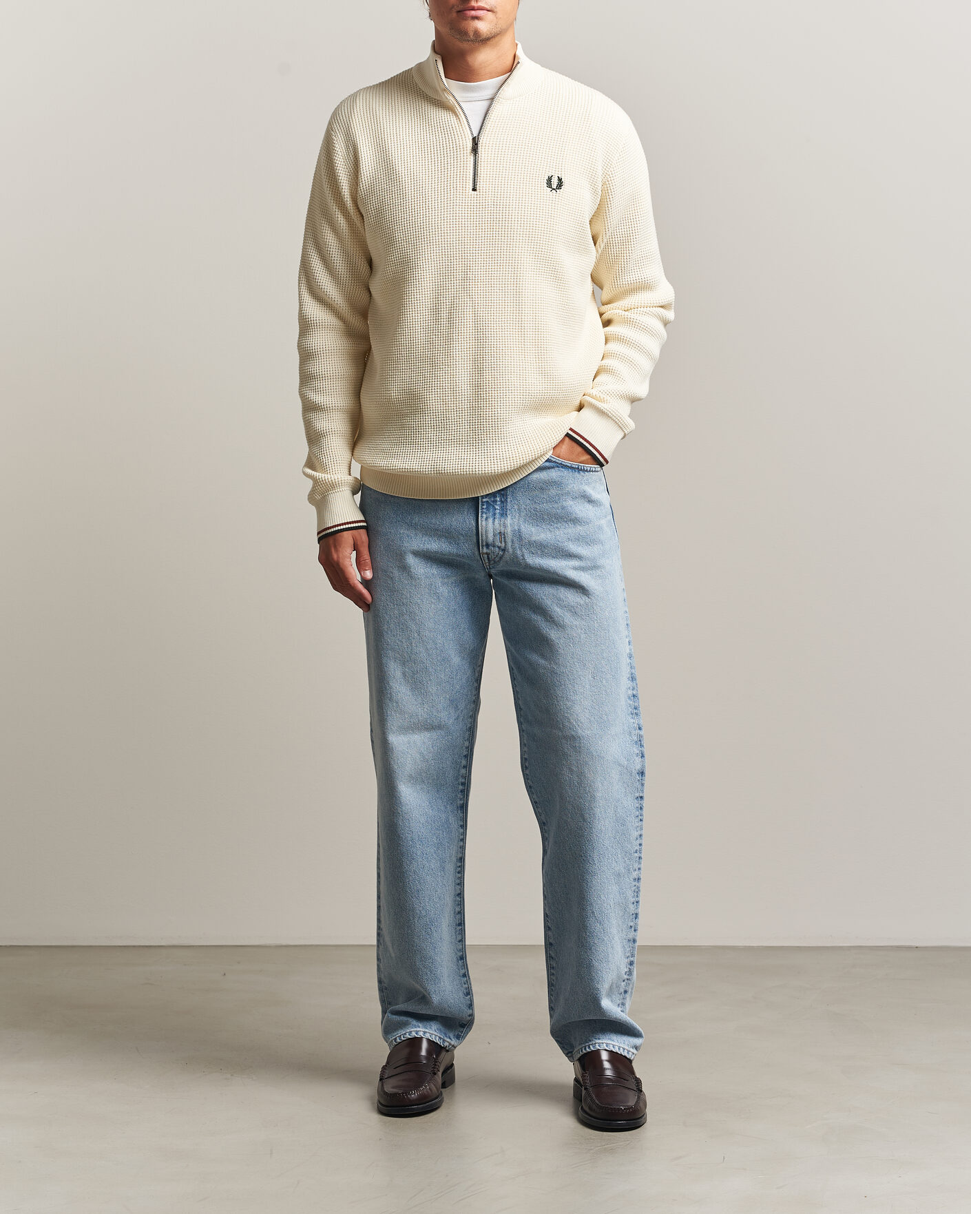 Men | Sweaters & Knitwear | Fred Perry | Waffle Stitch Half Zip Ecru