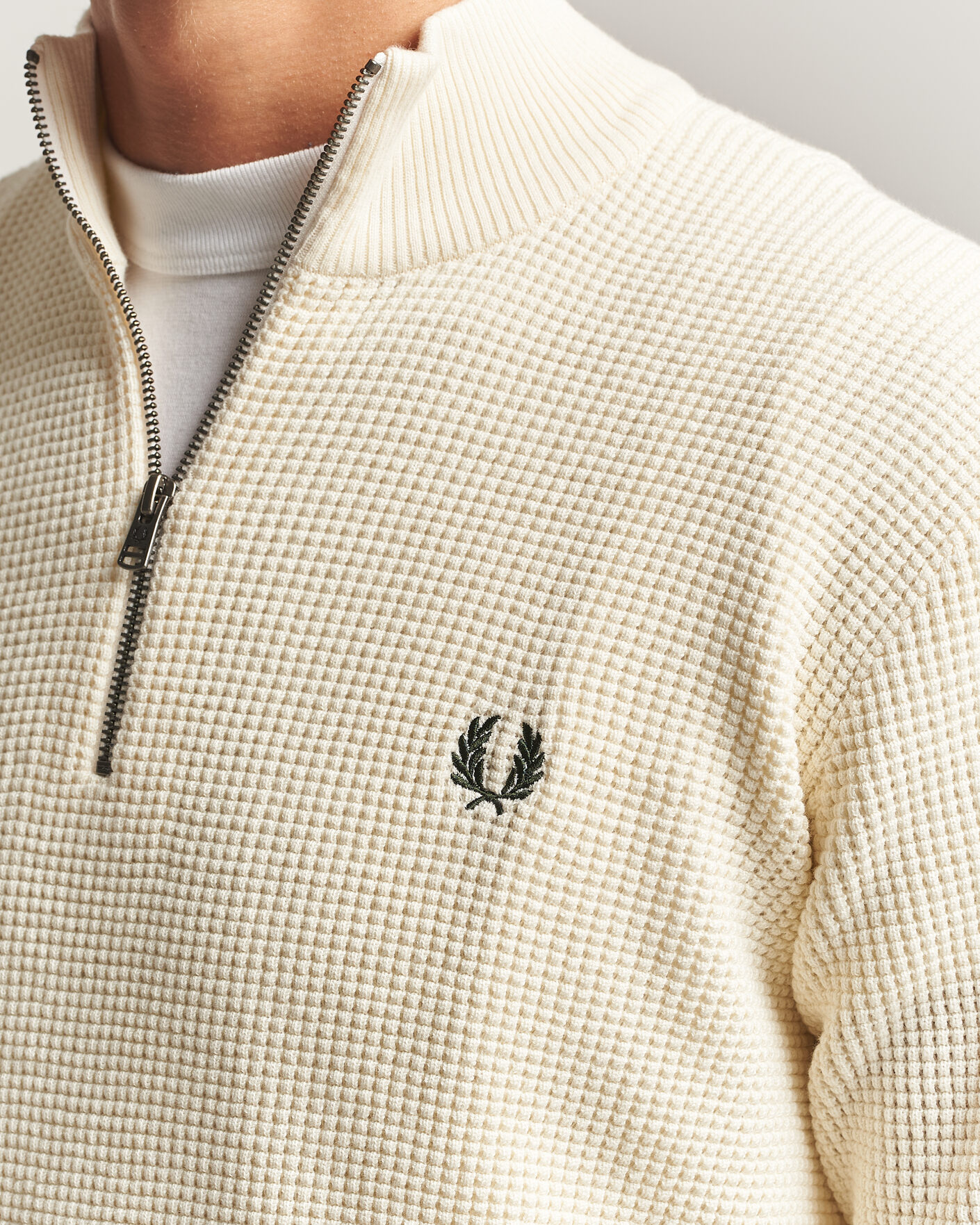 Men | Sweaters & Knitwear | Fred Perry | Waffle Stitch Half Zip Ecru