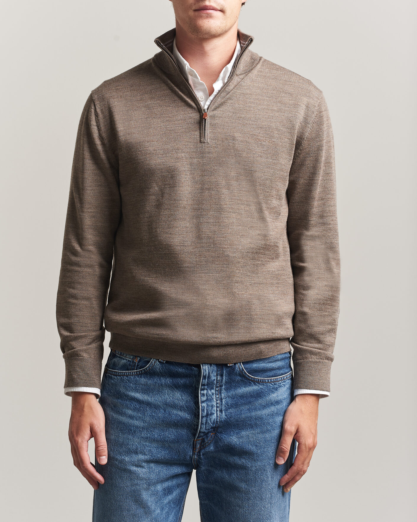 Gant Extrafine Merino Knitted Half Zip Dark Hazelnut Melange at