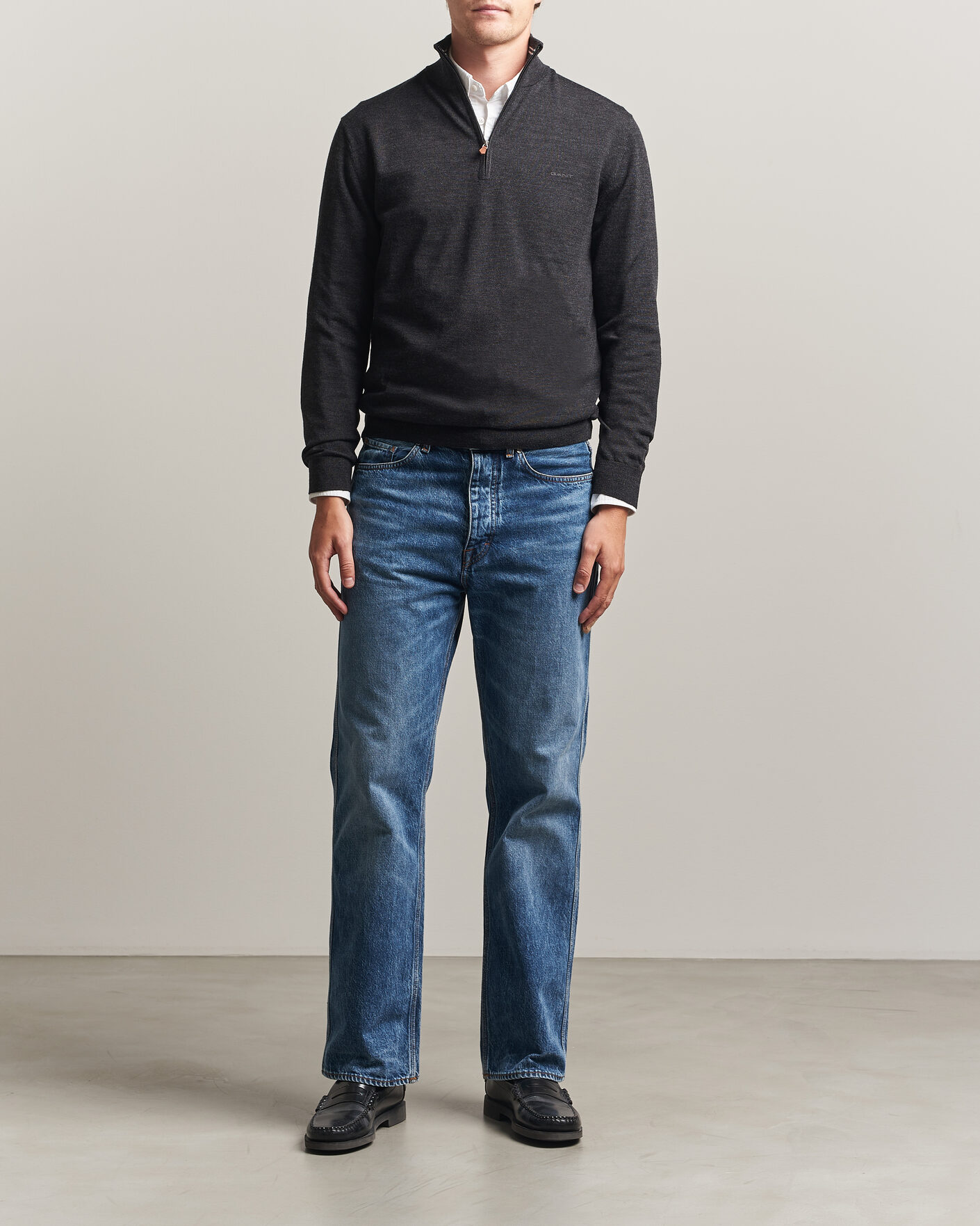 Men | Sweaters & Knitwear | Gant | Extrafine Merino Knitted Half Zip Dark Charcoal Melange