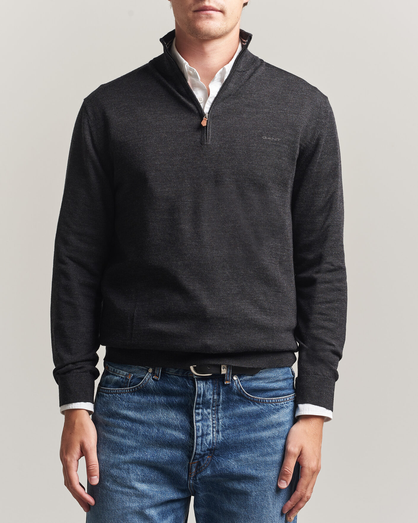 Men | Sweaters & Knitwear | Gant | Extrafine Merino Knitted Half Zip Dark Charcoal Melange