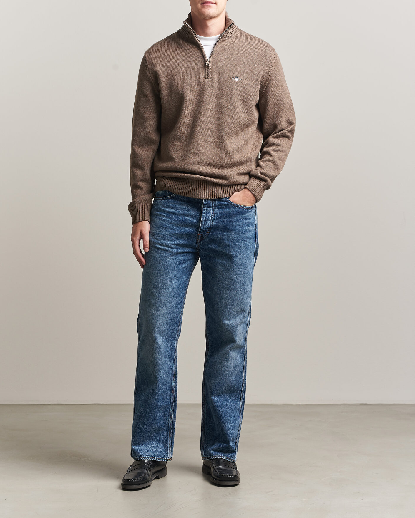 Men | Sweaters & Knitwear | Gant | Casual Cotton Knitted Half Zip Dark Hazelnut Melange