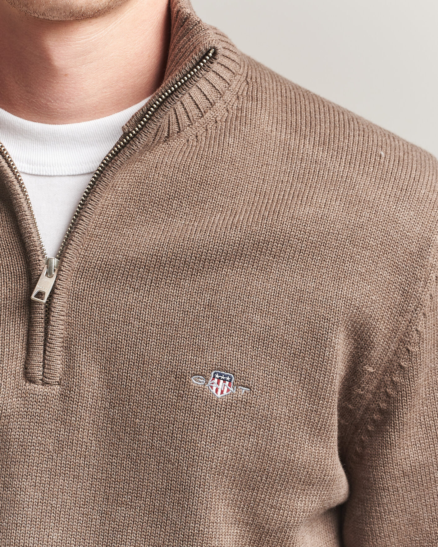 Men | Sweaters & Knitwear | Gant | Casual Cotton Knitted Half Zip Dark Hazelnut Melange
