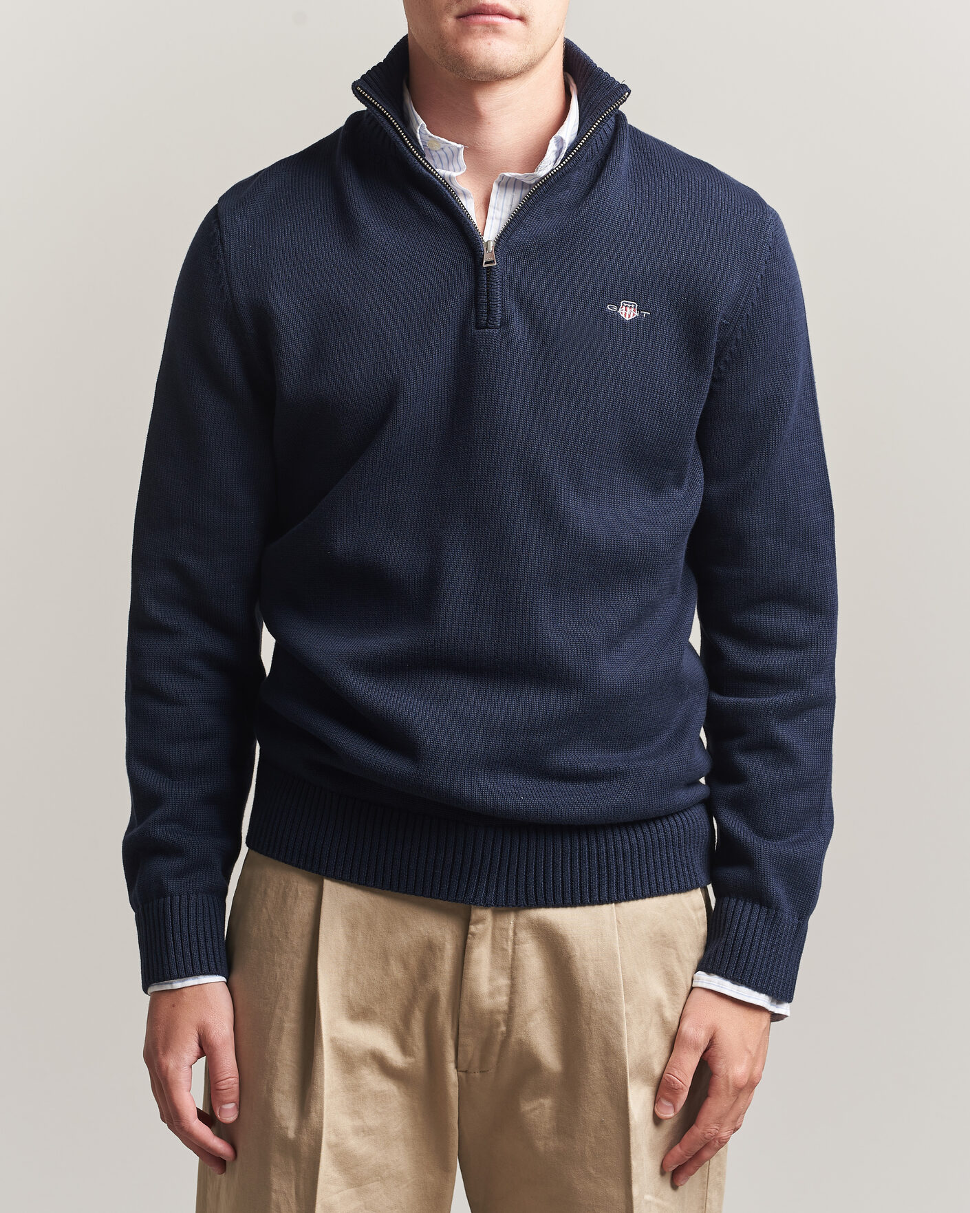 Men | Sweaters & Knitwear | Gant | Casual Cotton Knitted Half Zip Evening Blue