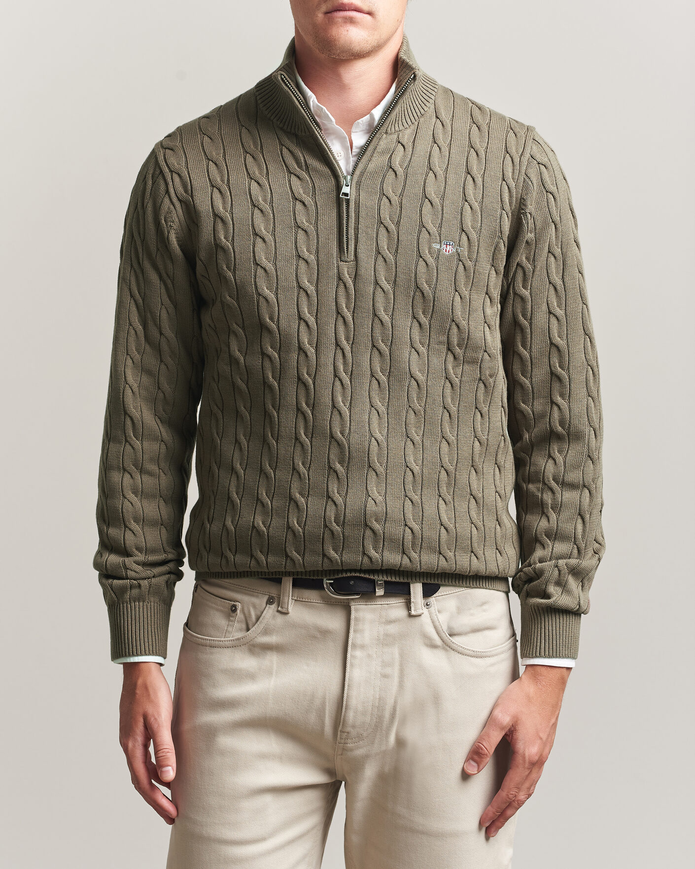 Men | Sweaters & Knitwear | Gant | Cotton Cable Half Zip Faded Taupe