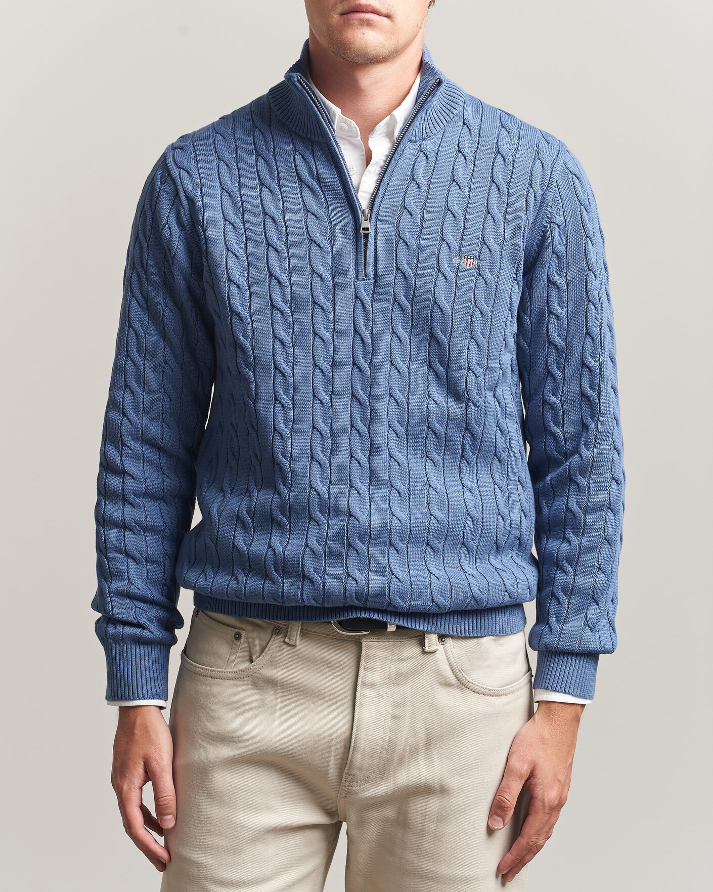 Men | Sweaters & Knitwear | Gant | Cotton Cable Half Zip Blue Horizon