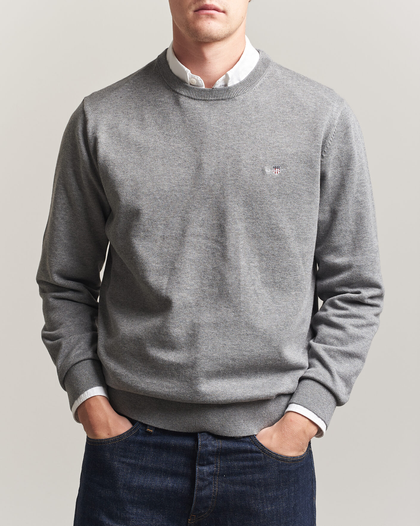 Men | Sweaters & Knitwear | Gant | Classic Cotton Crew Neck Dark Grey Melange