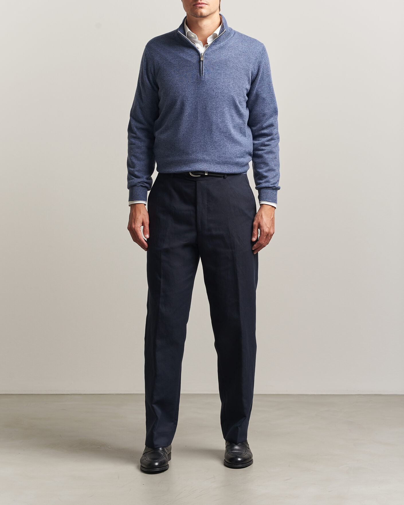 Men | Sweaters & Knitwear | Brunello Cucinelli | 2 Ply Cashmere Half Zip Denim Blue
