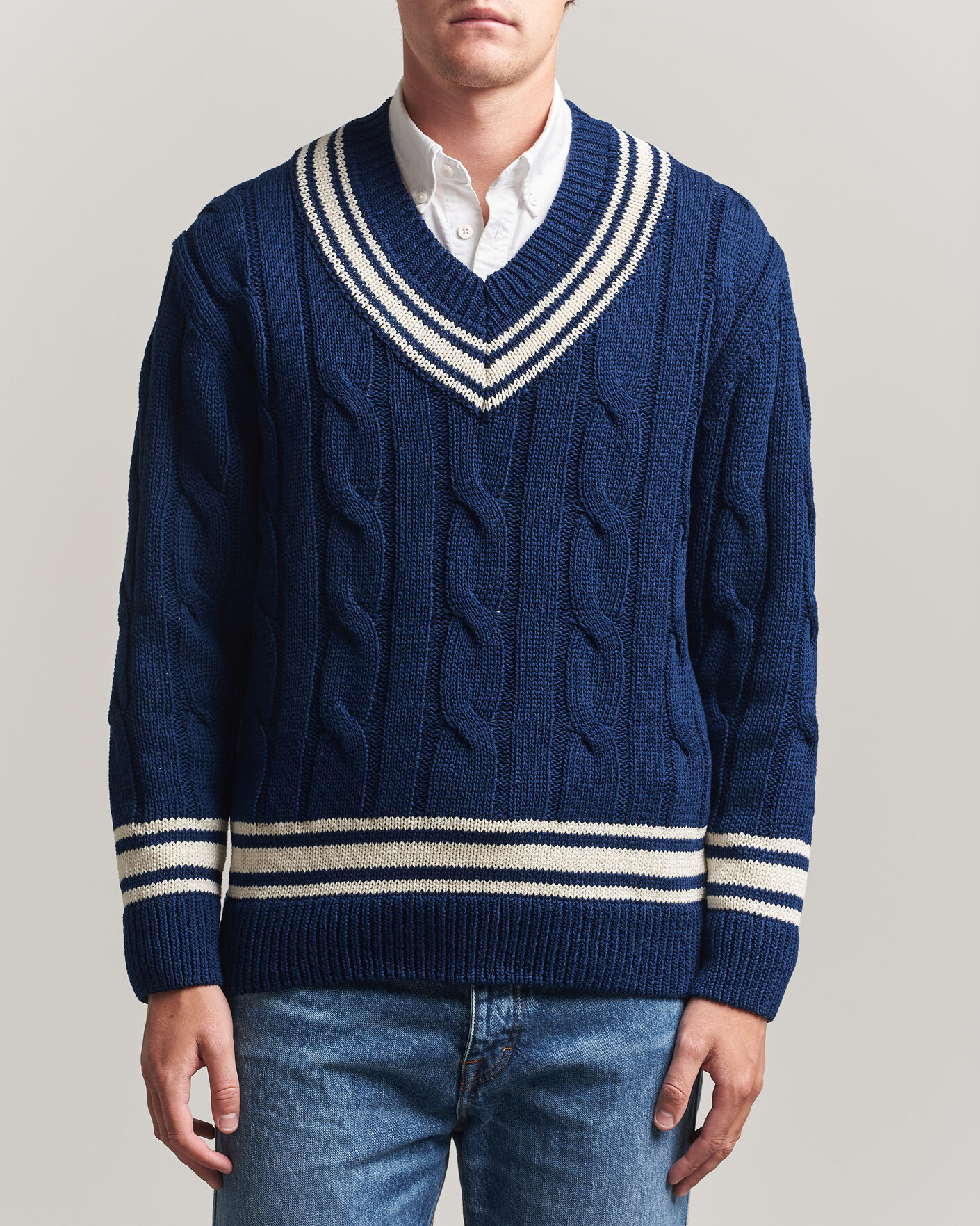 Men | Sweaters & Knitwear | Gant | Mercerized Cotton Knitted Cable V-Neck Persian Blue
