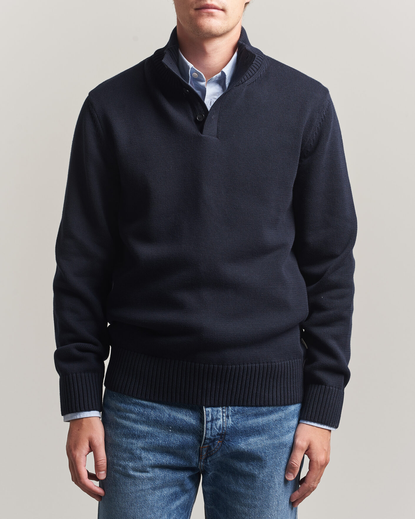 Men | Sweaters & Knitwear | Gant | Supima Cotton Half Buttoned Neck Evening Blue