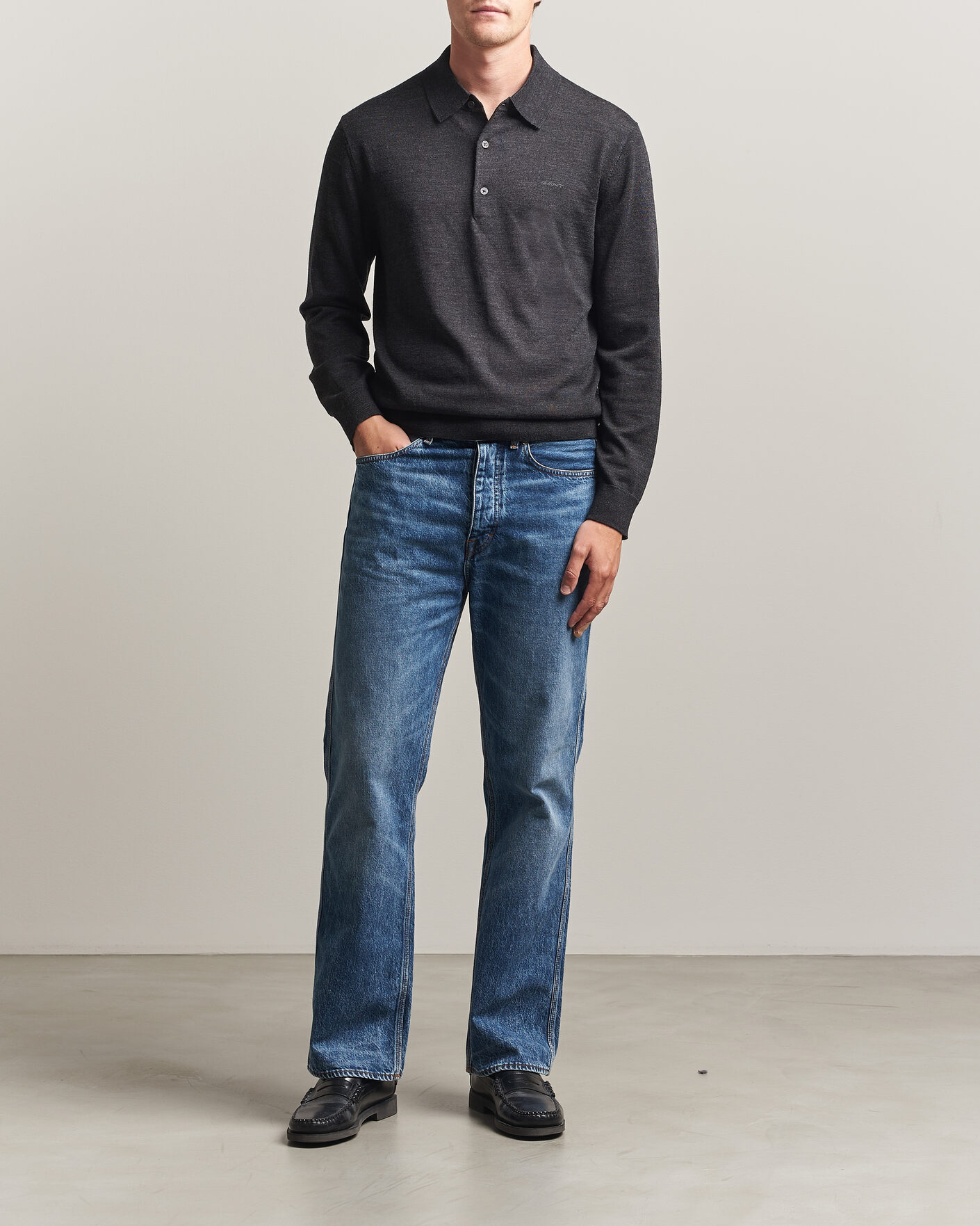 Men | Sweaters & Knitwear | Gant | Extrafine Merino Knitted Polo Dark Charcoal Melange