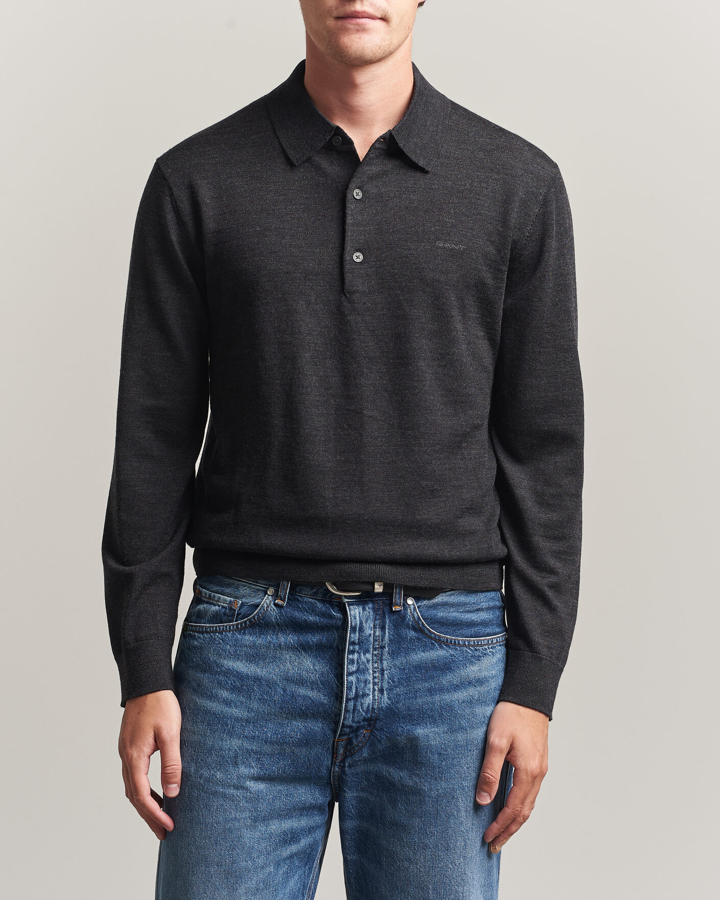 Men | Sweaters & Knitwear | Gant | Extrafine Merino Knitted Polo Dark Charcoal Melange