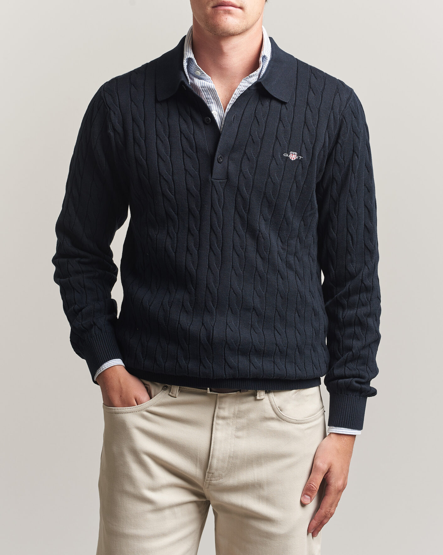 Men | Sweaters & Knitwear | Gant | Cotton Cable Polo Evening Blue