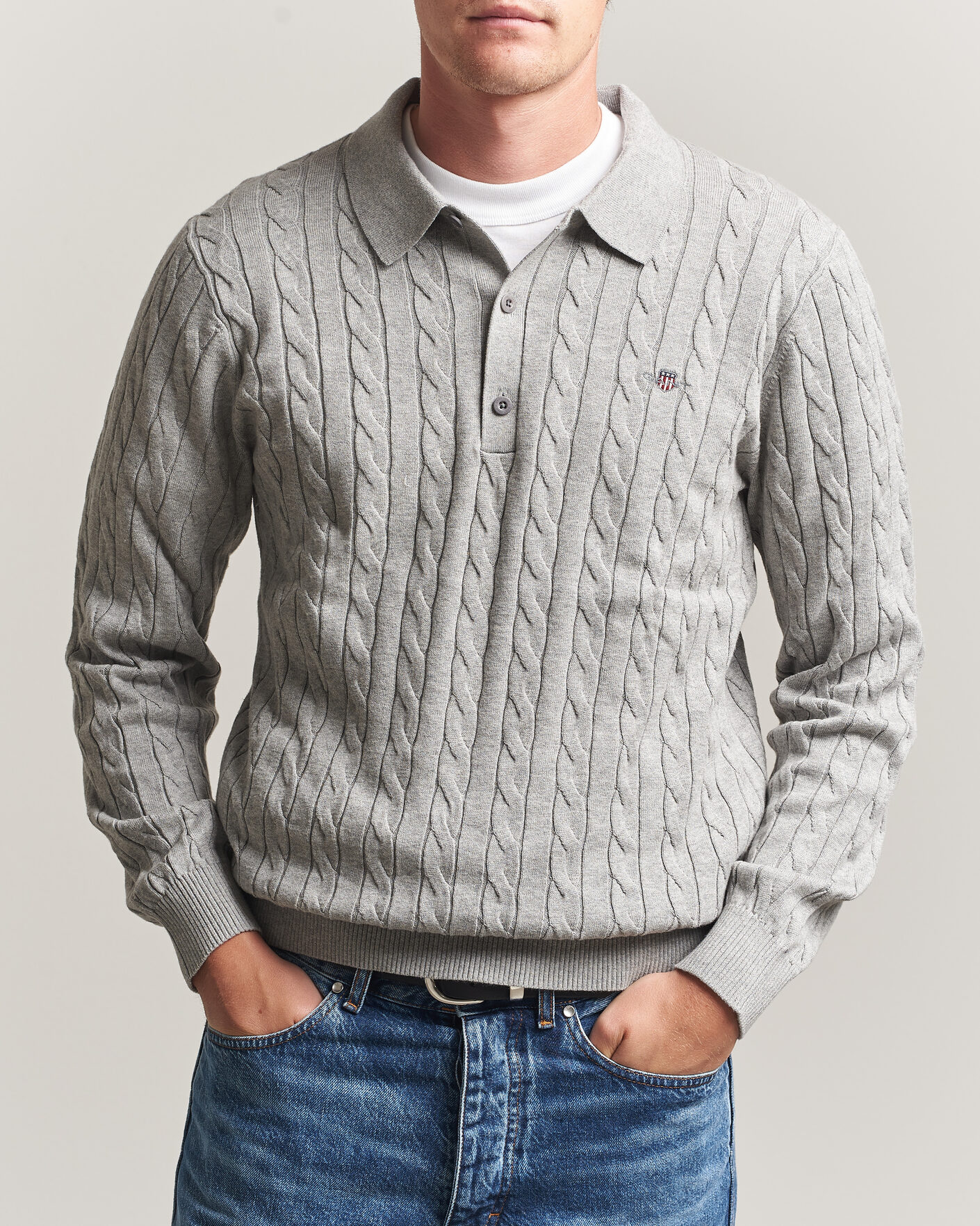 Men | Sweaters & Knitwear | Gant | Cotton Cable Polo Grey Melange
