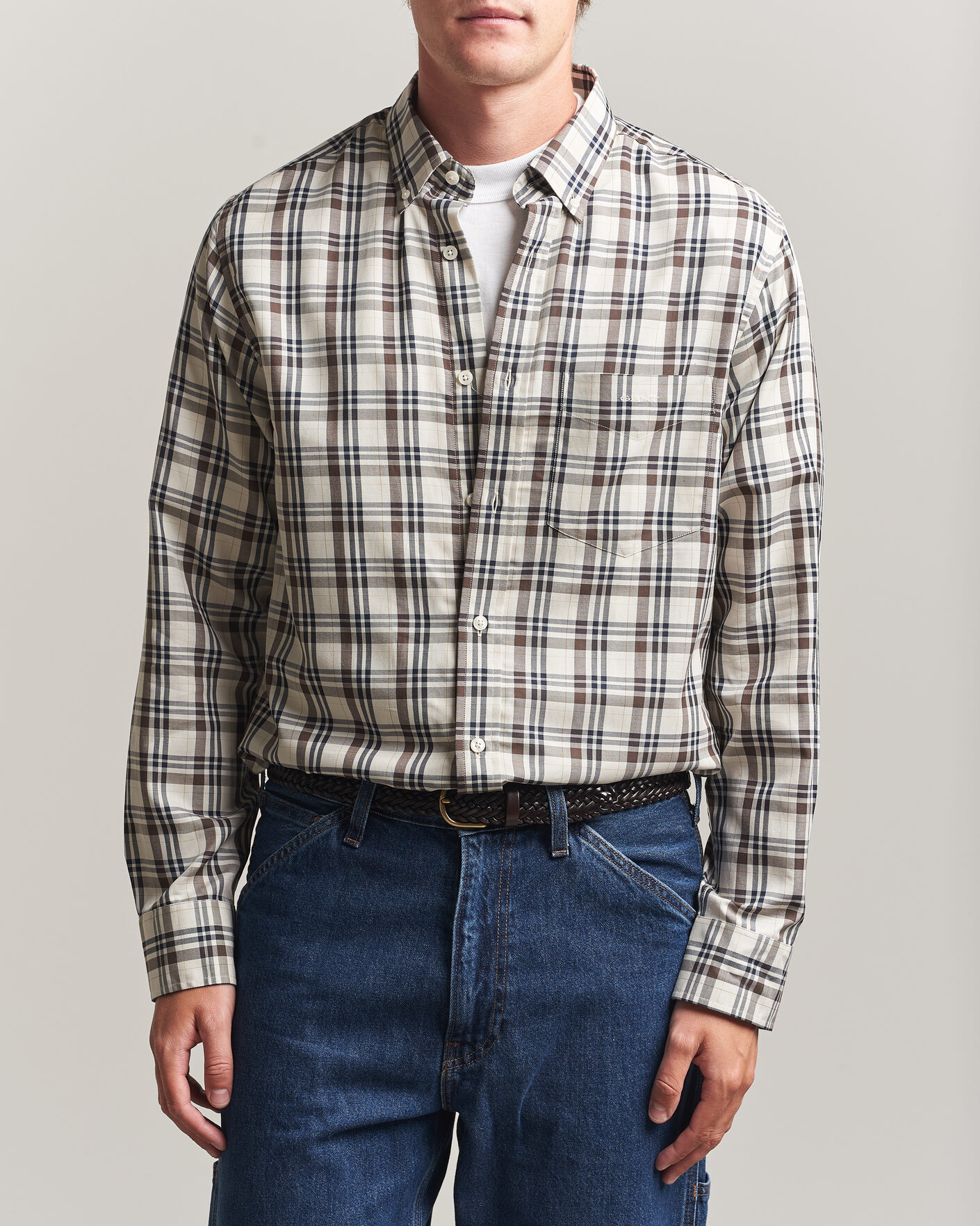Men | Shirts | Gant | Regular Fit Twill Checked Shirt Sand