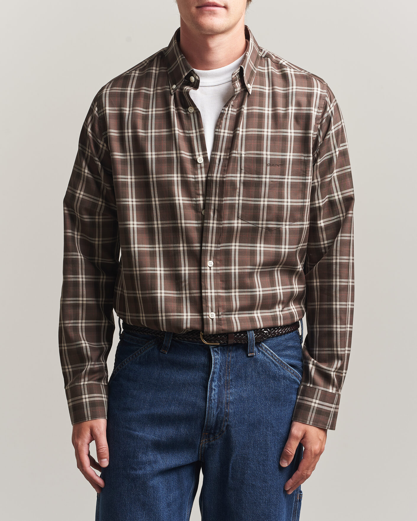 Men | Shirts | Gant | Regular Fit Twill Checked Shirt Faded Taupe