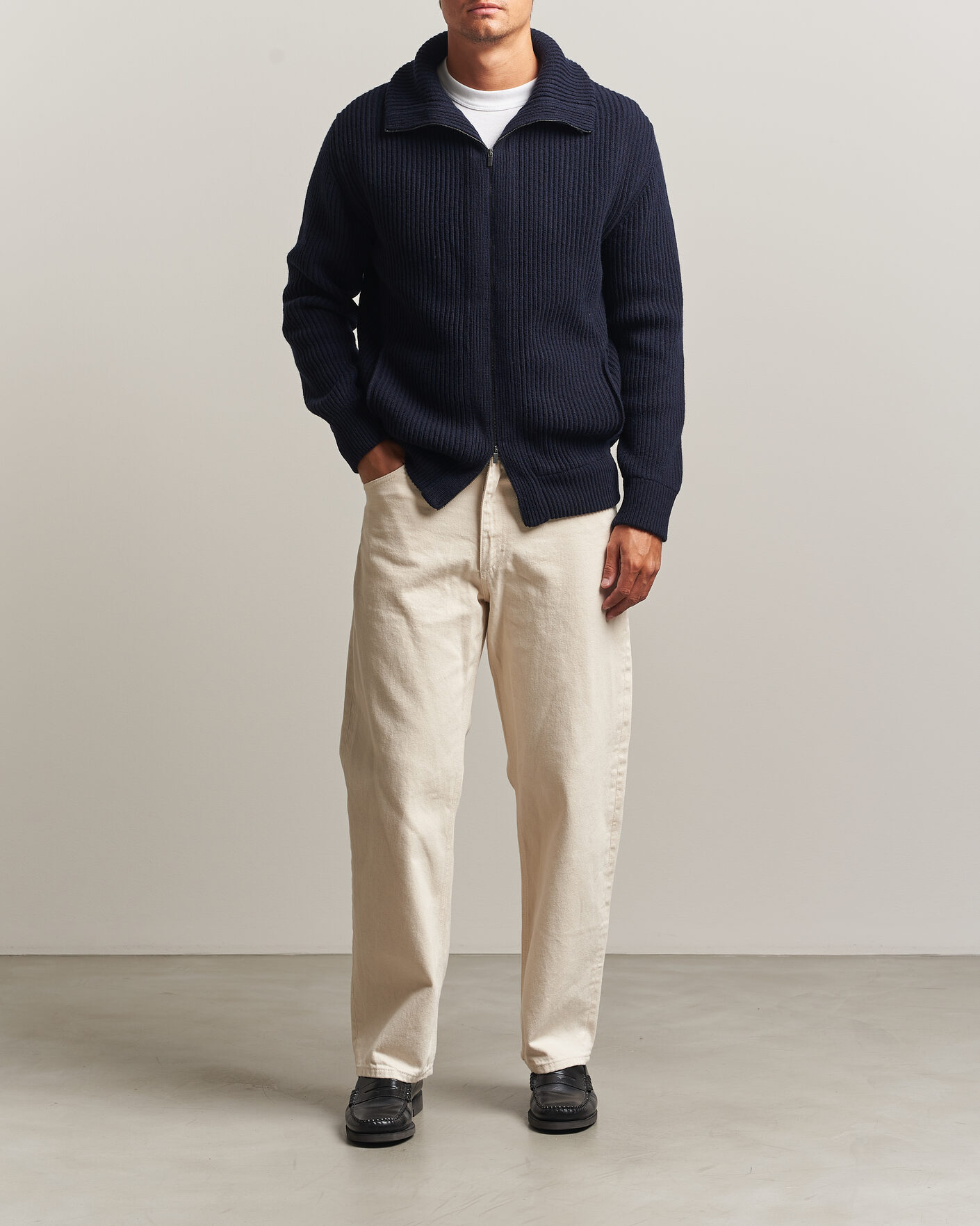 Men | Sweaters & Knitwear | Altea | Rib Wool Bomber Cardigan Navy