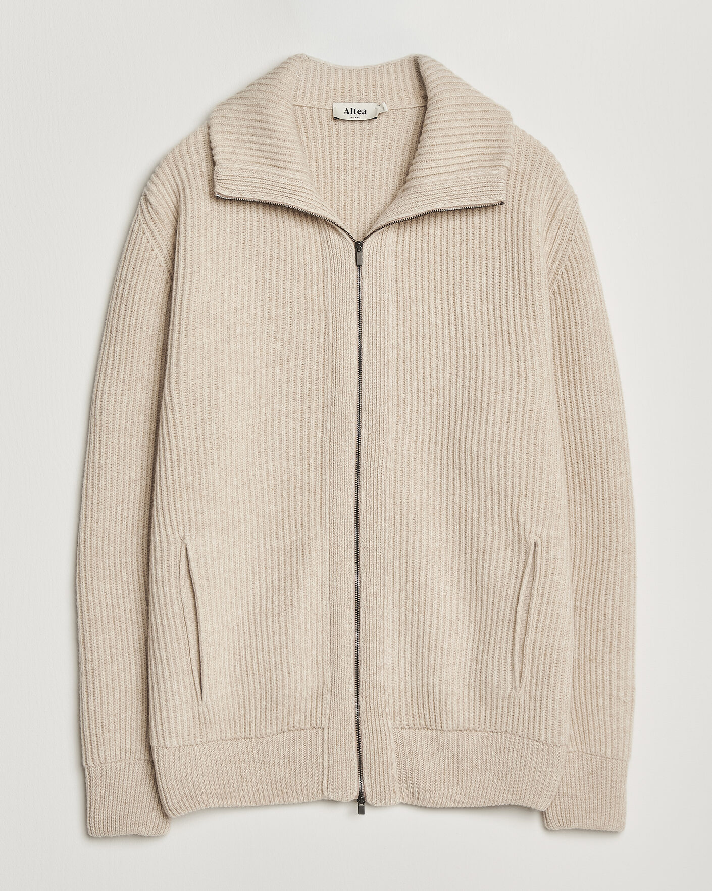 Men | Sweaters & Knitwear | Altea | Rib Wool Bomber Cardigan Beige
