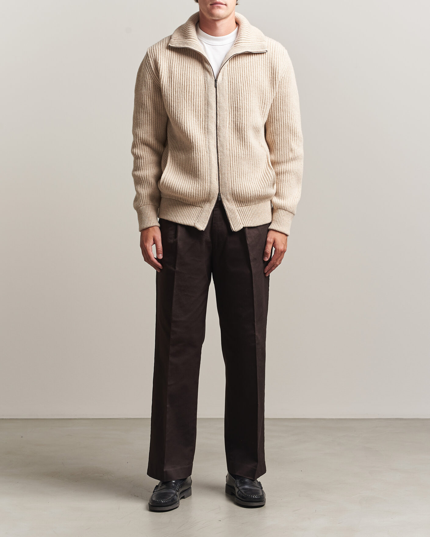 Men | Sweaters & Knitwear | Altea | Rib Wool Bomber Cardigan Beige