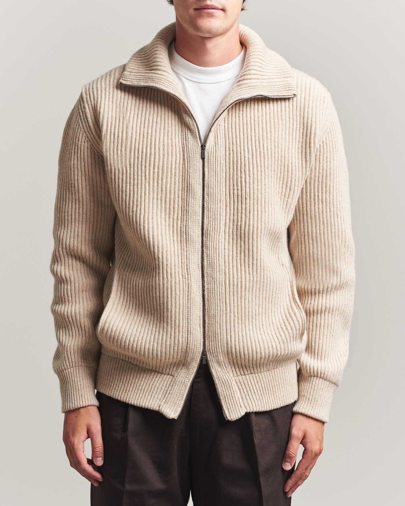 Men | Sweaters & Knitwear | Altea | Rib Wool Bomber Cardigan Beige