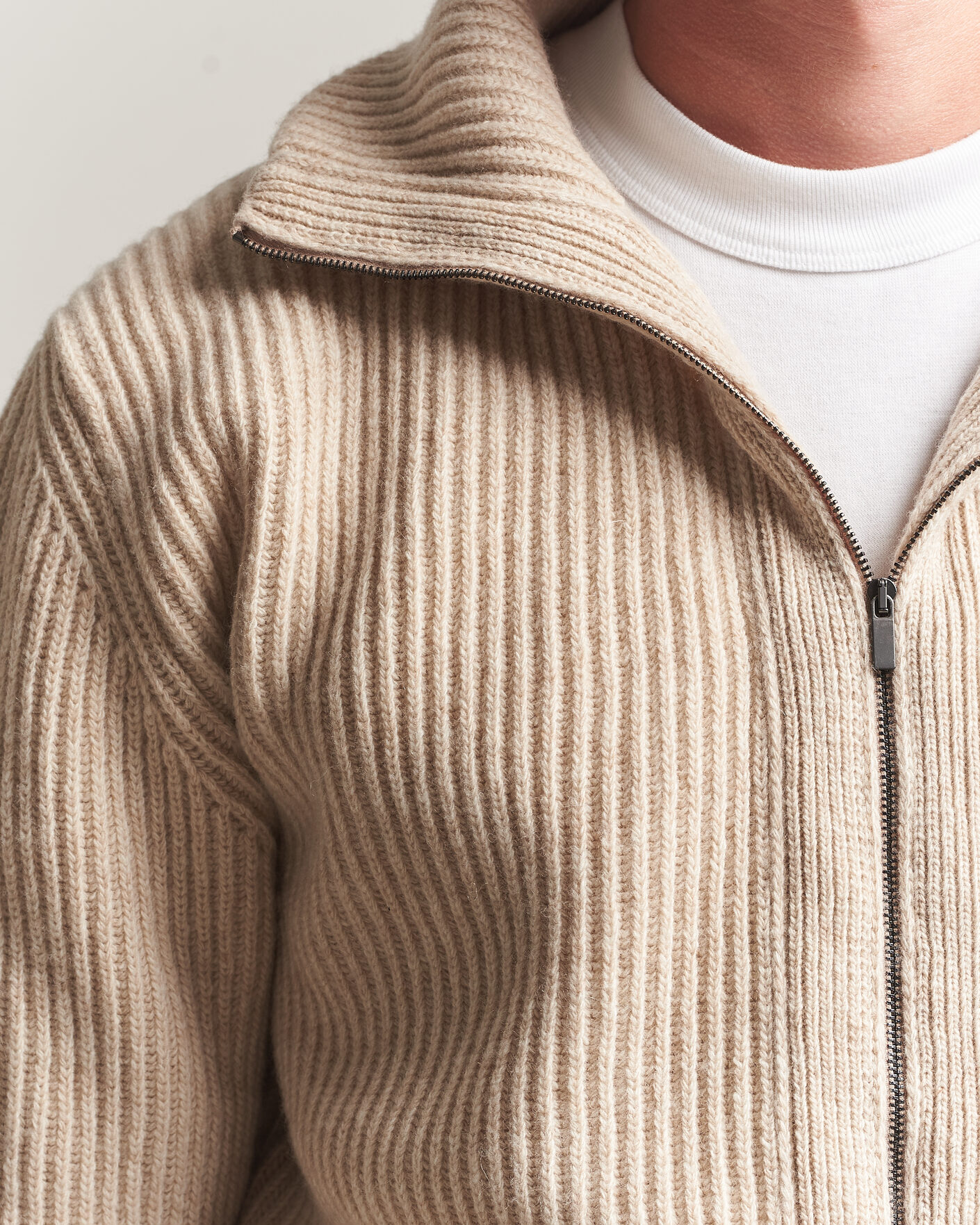 Men | Sweaters & Knitwear | Altea | Rib Wool Bomber Cardigan Beige