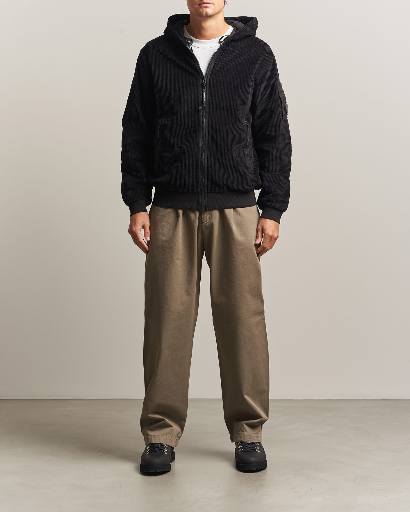 Men | Coats & Jackets | C.P. Company | Light Padded Hood Corduroy Jacket Black