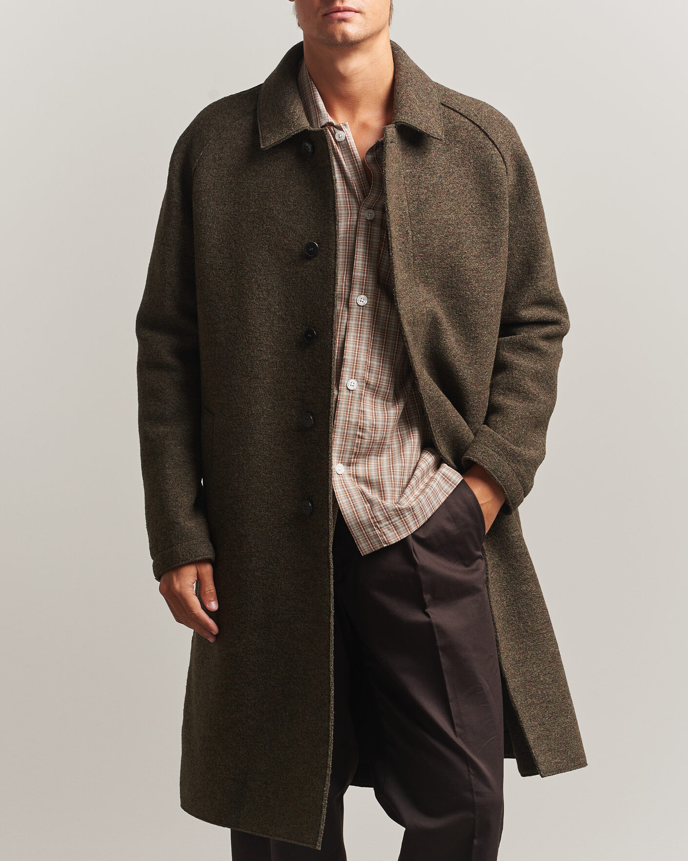 Harris Wharf London Boiled Wool Fly Front Balmacan Coat Brown