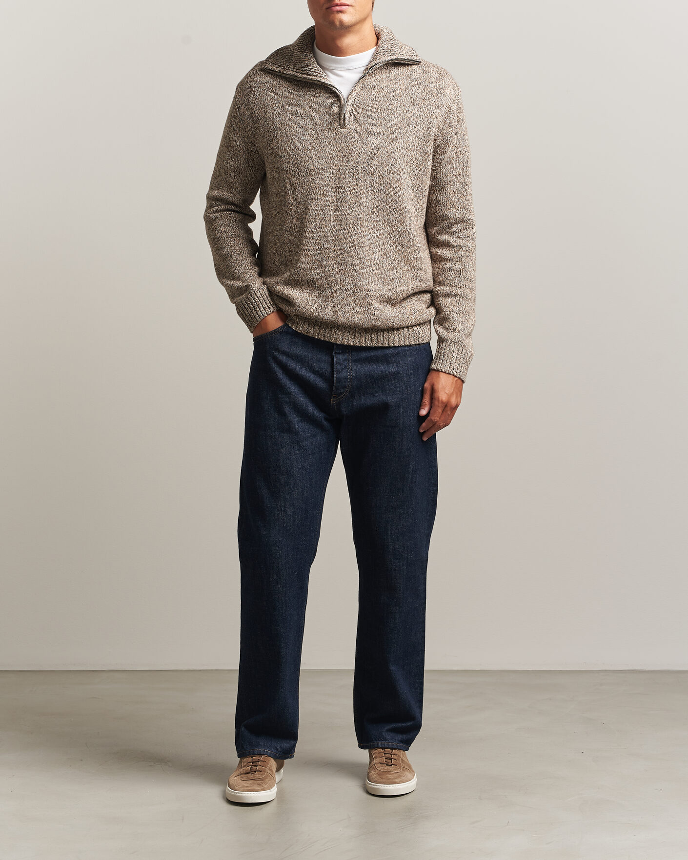 Men | Sweaters & Knitwear | KnowledgeCotton Apparel | Heavy Knitted Half Zip Brown