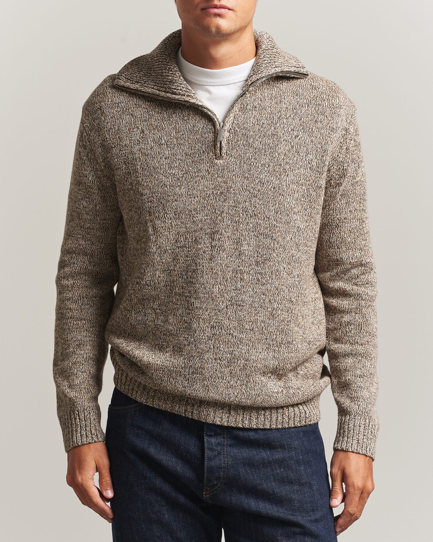 Men | Sweaters & Knitwear | KnowledgeCotton Apparel | Heavy Knitted Half Zip Brown