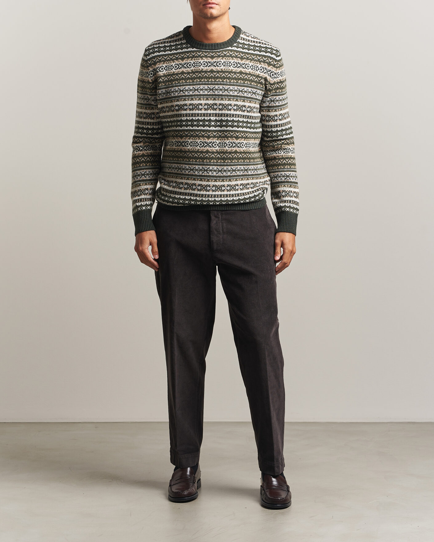 Men | Sweaters & Knitwear | Morgano | Wool/Cashmere Fair Isle Knitted Crewneck Green