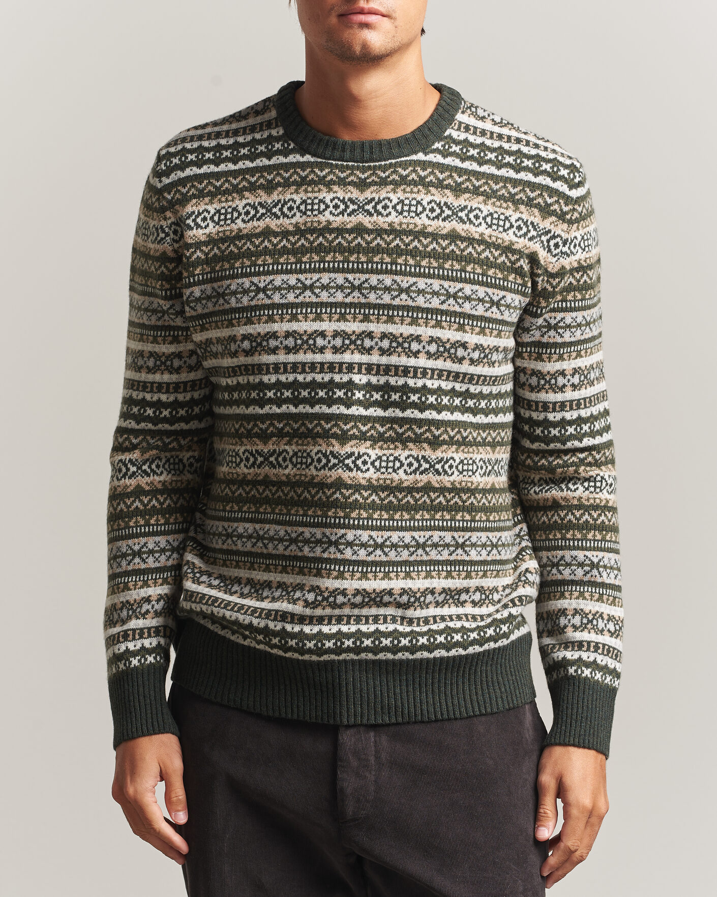 Men | Sweaters & Knitwear | Morgano | Wool/Cashmere Fair Isle Knitted Crewneck Green