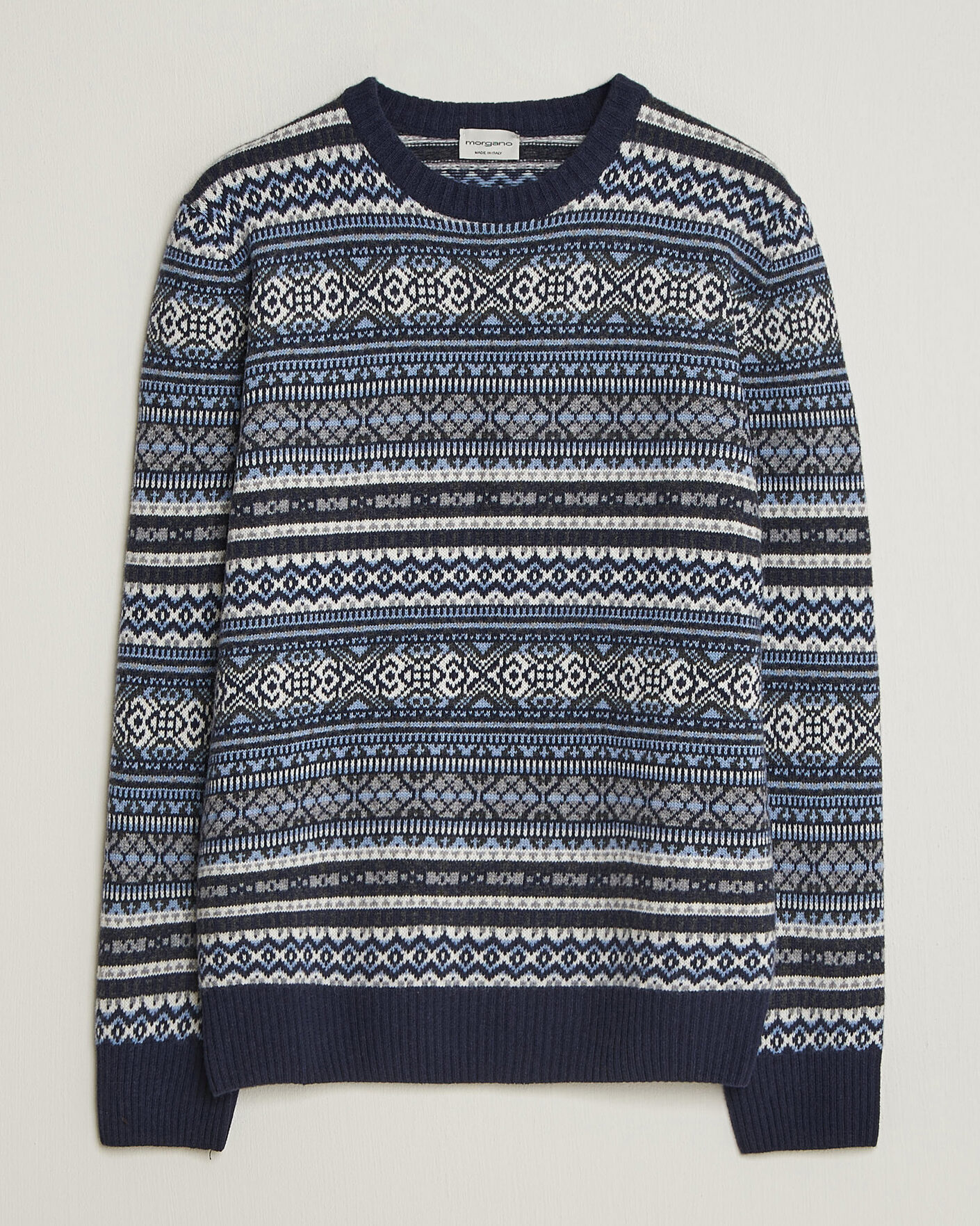 Men | Sweaters & Knitwear | Morgano | Wool/Cashmere Fair Isle Knitted Crewneck Navy